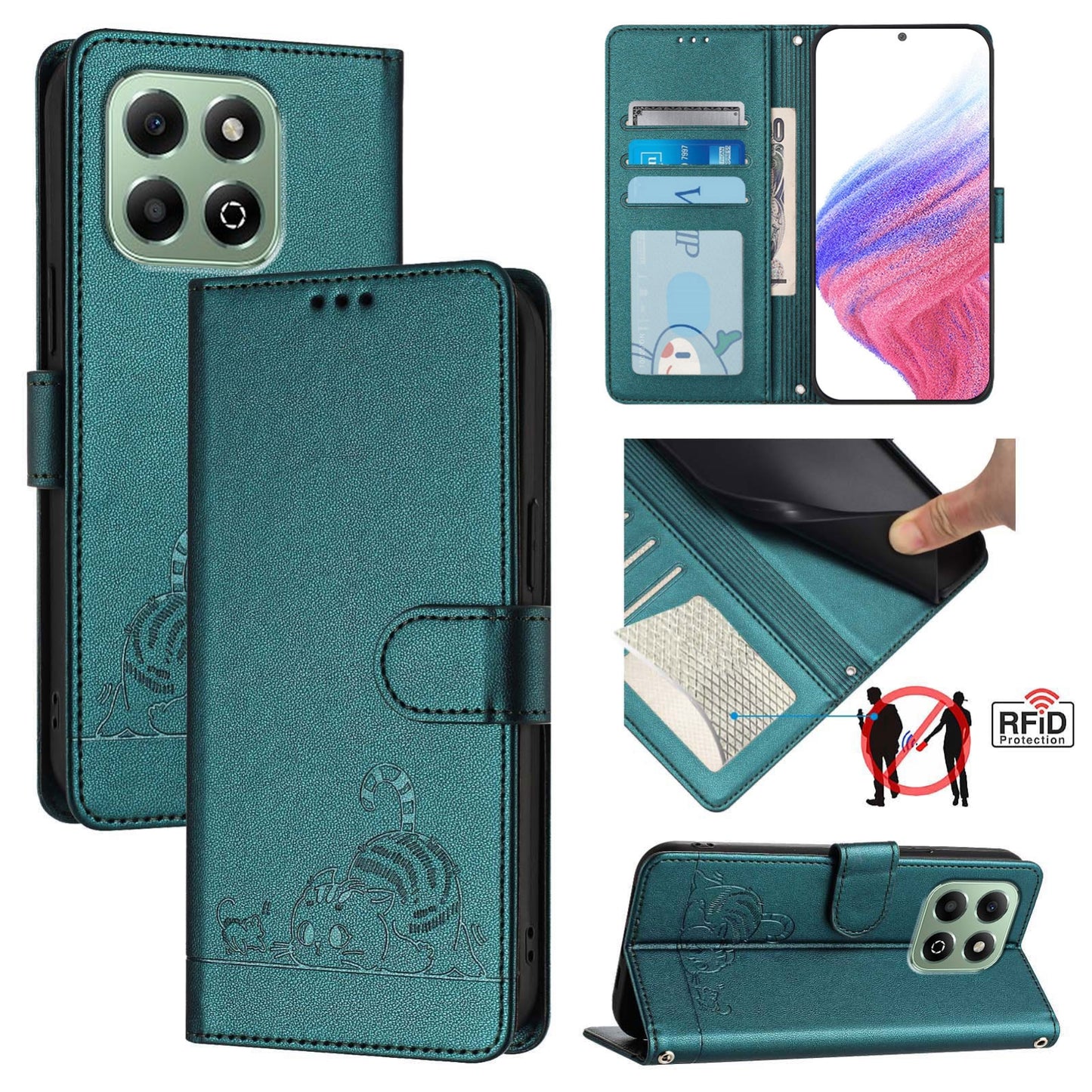 Honor X6b Cat and Mouse Embossed PU Leather RFID Case with Wallet Slots, Anti-Fall Protection, Kickstand, and Lanyard-buycases.co.uk