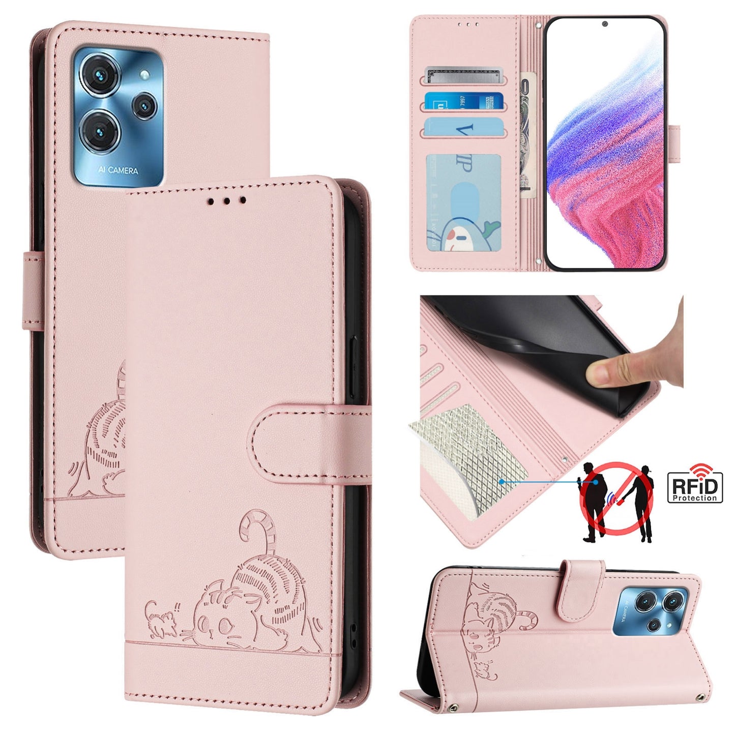 Oukitel C32 Cat and Mouse Embossed PU Leather RFID Case with Wallet Slots, Anti-Fall Protection, Kickstand, and Lanyard-buycases.co.uk