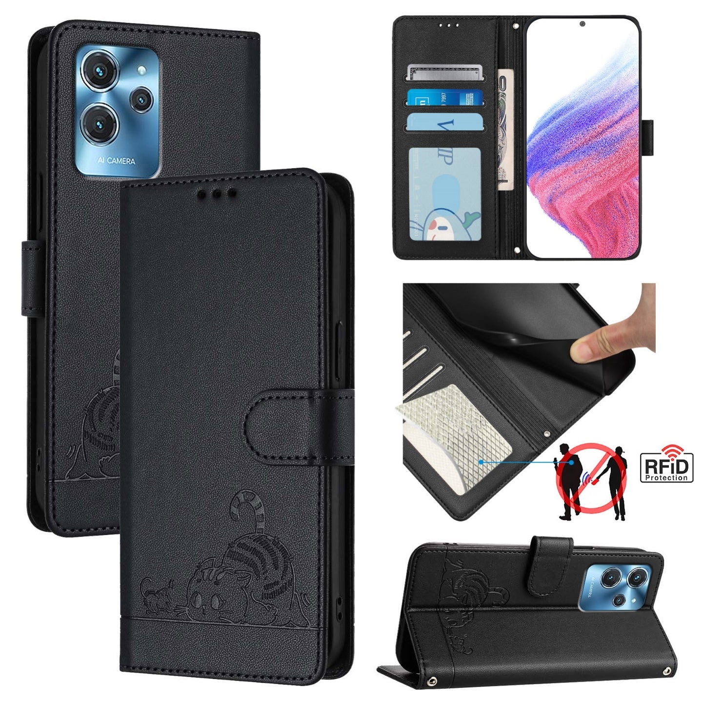 Oukitel C32 Cat and Mouse Embossed PU Leather RFID Case with Wallet Slots, Anti-Fall Protection, Kickstand, and Lanyard-buycases.co.uk