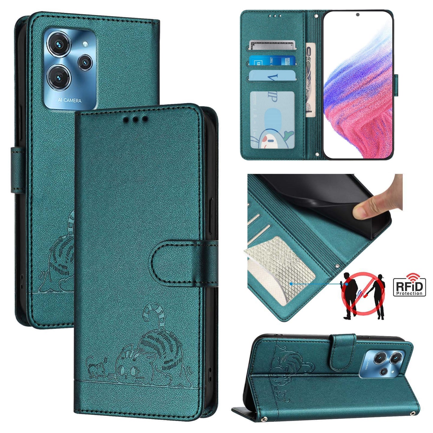 Oukitel C32 Cat and Mouse Embossed PU Leather RFID Case with Wallet Slots, Anti-Fall Protection, Kickstand, and Lanyard-buycases.co.uk