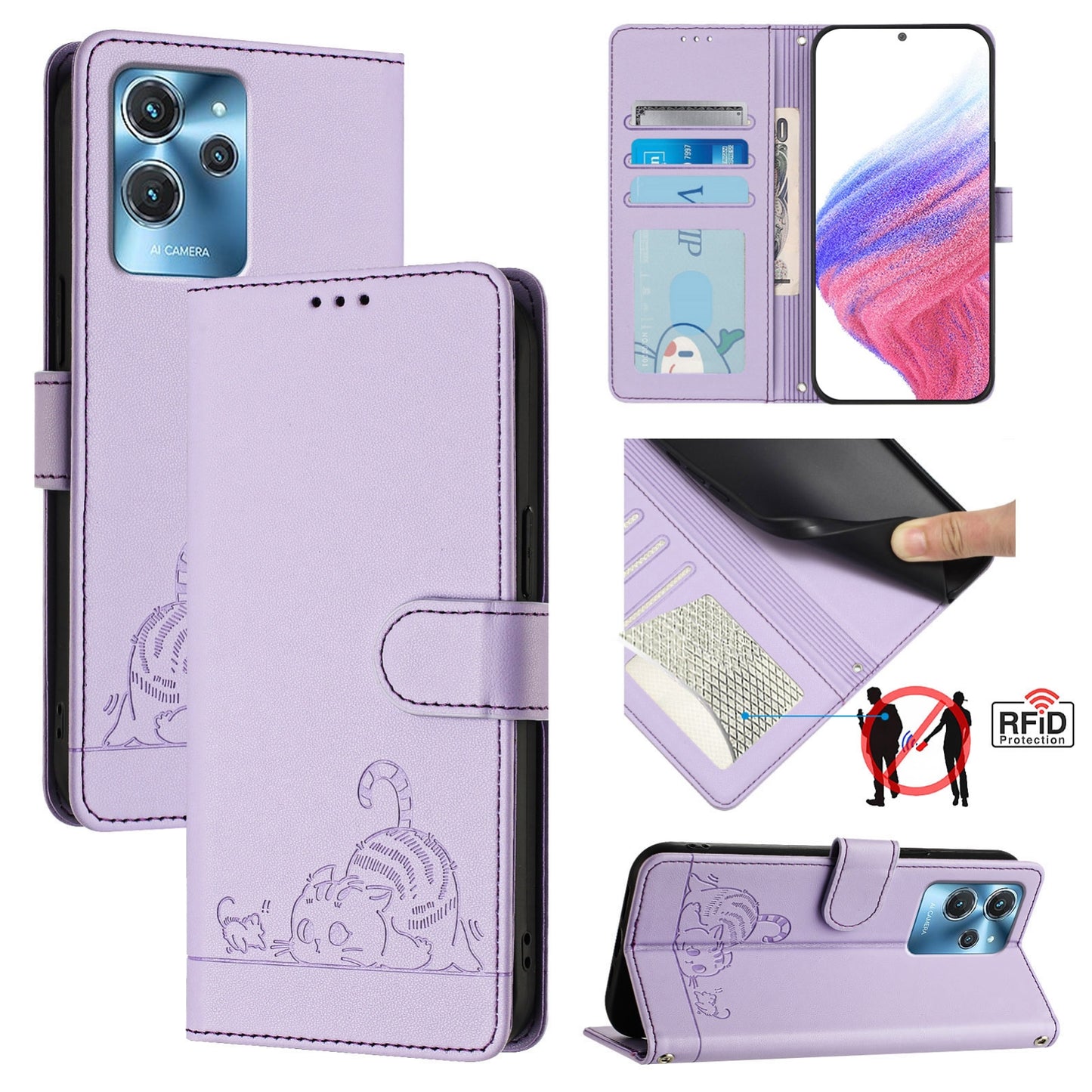 Oukitel C32 Cat and Mouse Embossed PU Leather RFID Case with Wallet Slots, Anti-Fall Protection, Kickstand, and Lanyard-buycases.co.uk