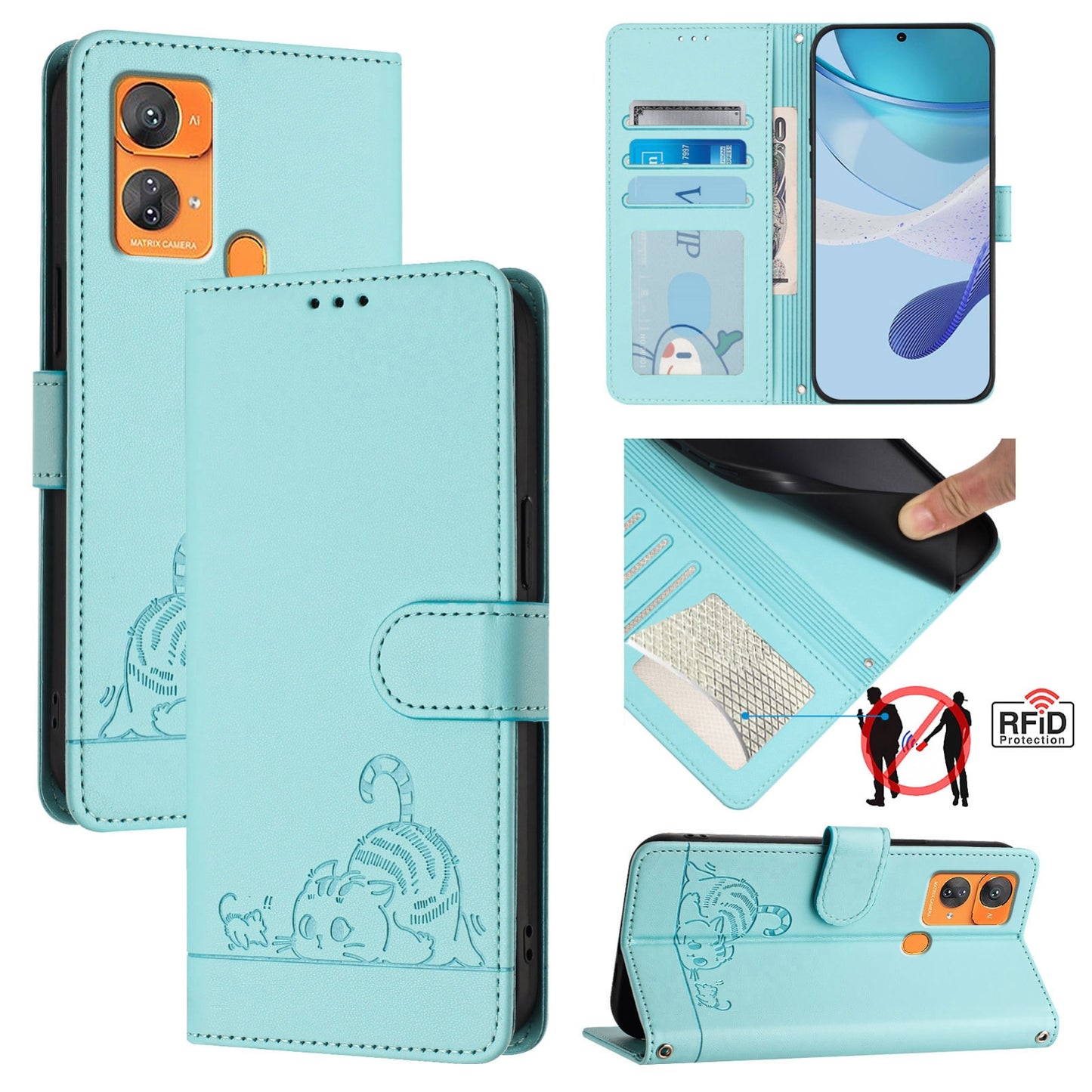 Oukitel C33 Cat and Mouse Embossed PU Leather RFID Case with Wallet Slots, Anti-Fall Protection, Kickstand, and Lanyard-buycases.co.uk