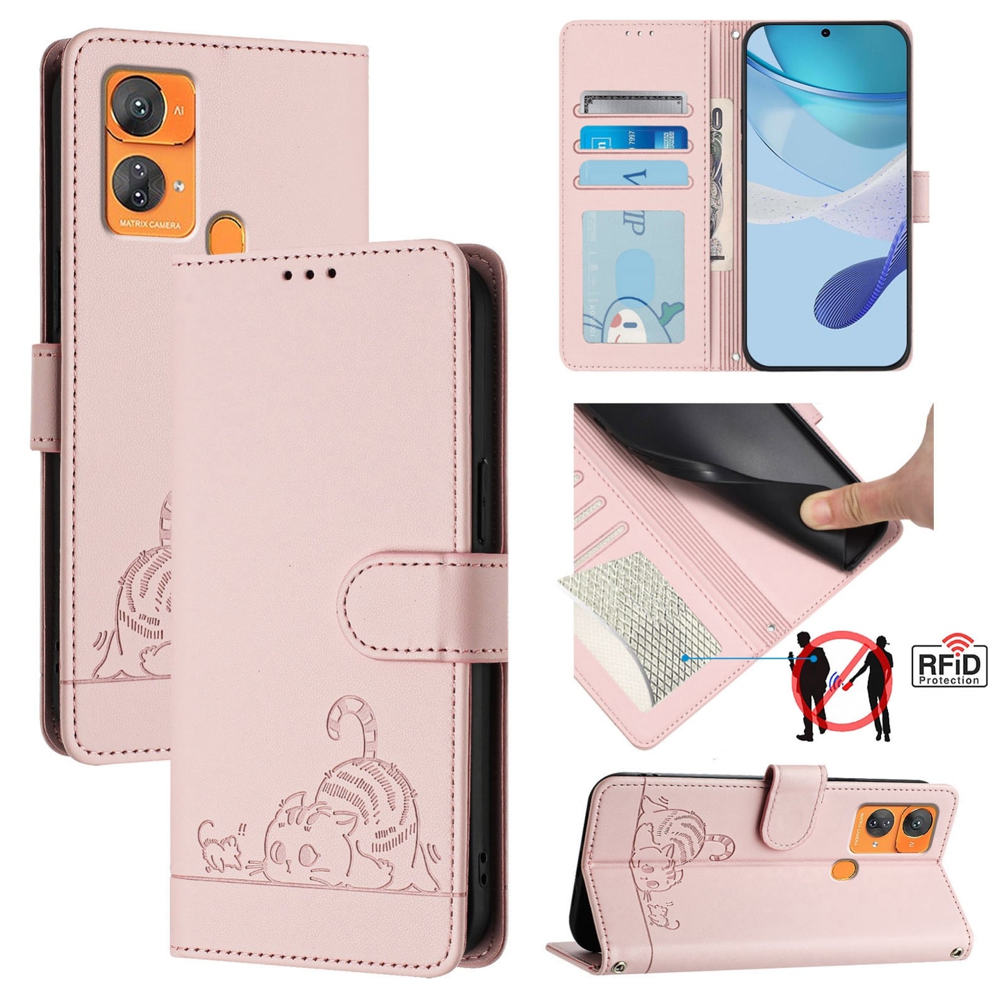 Oukitel C33 Cat and Mouse Embossed PU Leather RFID Case with Wallet Slots, Anti-Fall Protection, Kickstand, and Lanyard-buycases.co.uk