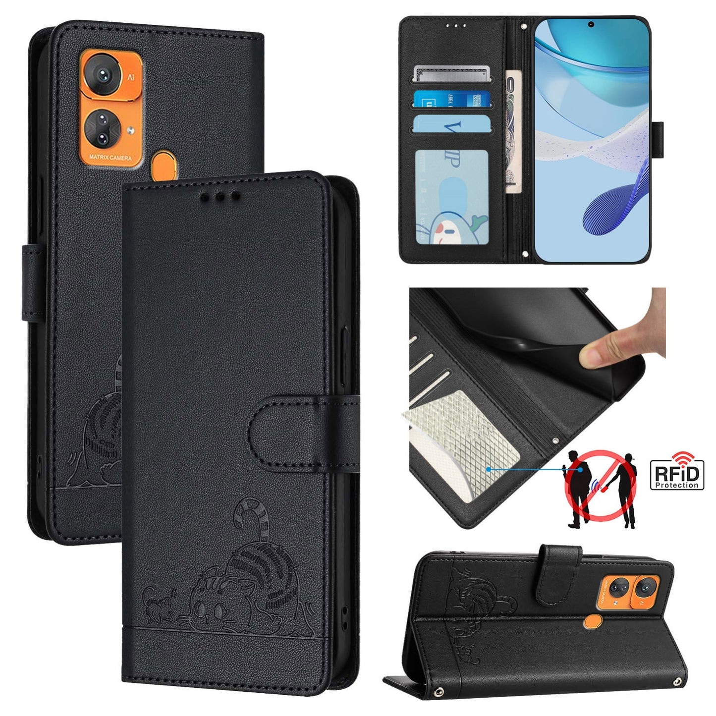 Oukitel C33 Cat and Mouse Embossed PU Leather RFID Case with Wallet Slots, Anti-Fall Protection, Kickstand, and Lanyard-buycases.co.uk