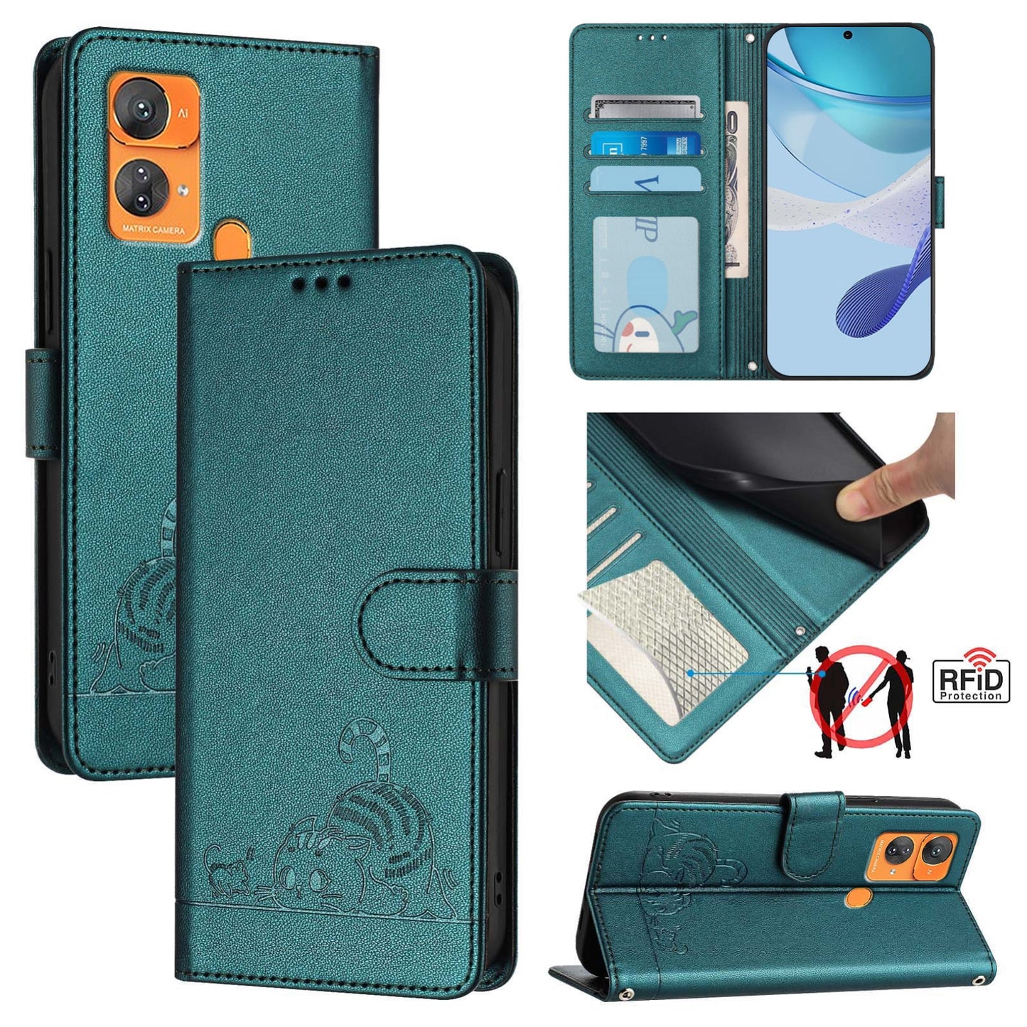 Oukitel C33 Cat and Mouse Embossed PU Leather RFID Case with Wallet Slots, Anti-Fall Protection, Kickstand, and Lanyard-buycases.co.uk
