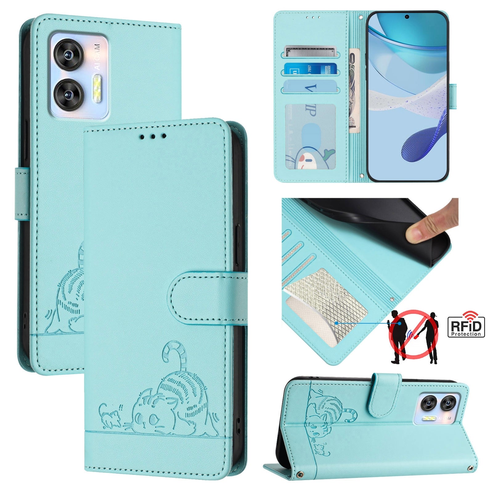 Oukitel C36 Cat and Mouse Embossed PU Leather RFID Case with Wallet Slots, Anti-Fall Protection, Kickstand, and Lanyard-buycases.co.uk