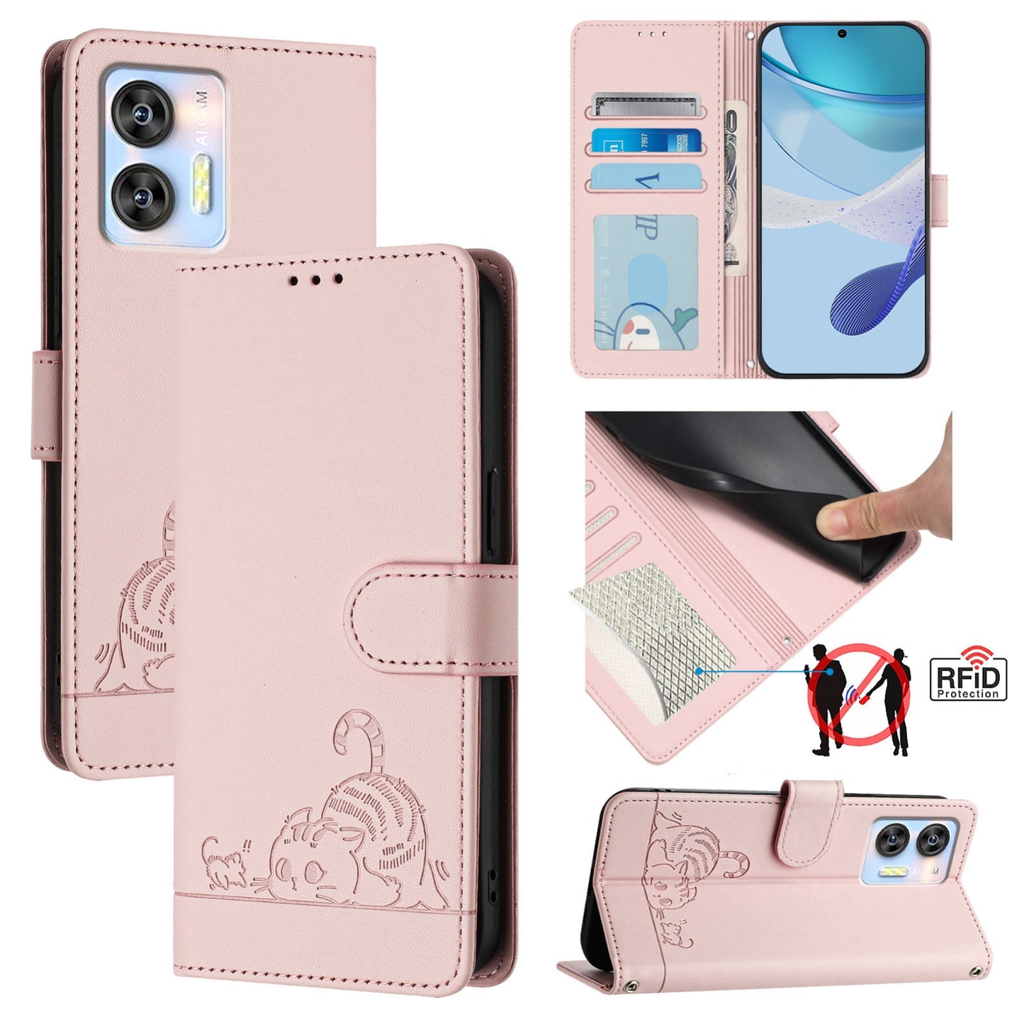 Oukitel C36 Cat and Mouse Embossed PU Leather RFID Case with Wallet Slots, Anti-Fall Protection, Kickstand, and Lanyard-buycases.co.uk