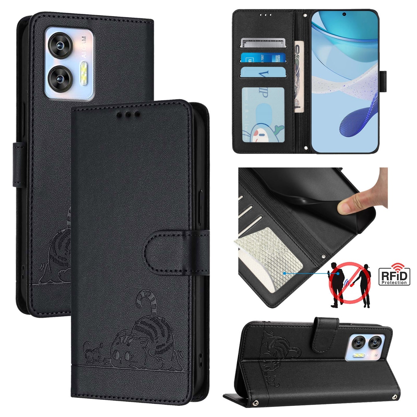 Oukitel C36 Cat and Mouse Embossed PU Leather RFID Case with Wallet Slots, Anti-Fall Protection, Kickstand, and Lanyard-buycases.co.uk