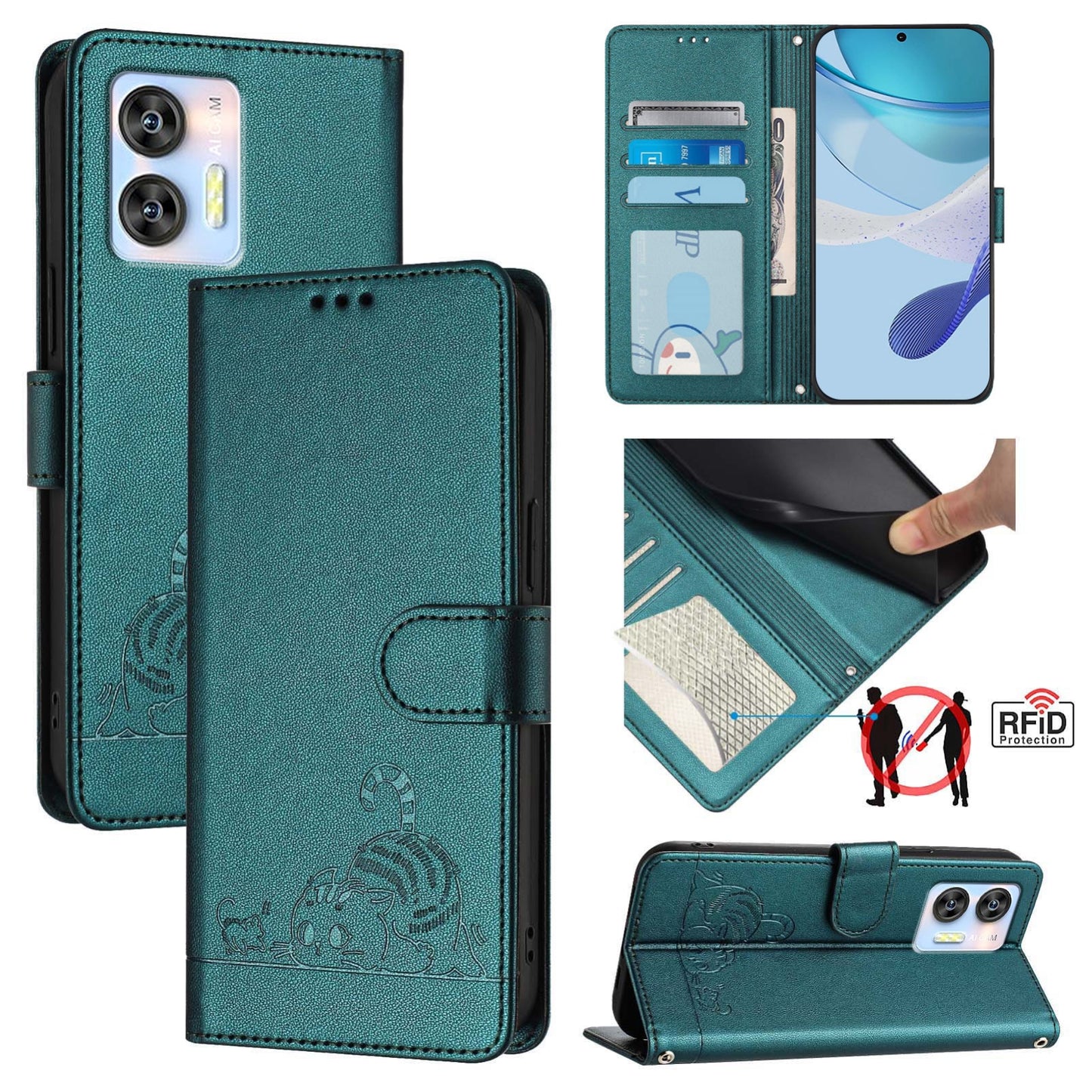 Oukitel C35 Cat and Mouse Embossed PU Leather RFID Case with Wallet Slots, Anti-Fall Protection, Kickstand, and Lanyard-buycases.co.uk