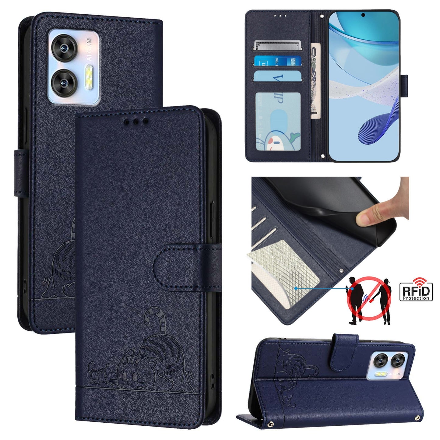 Oukitel C35 Cat and Mouse Embossed PU Leather RFID Case with Wallet Slots, Anti-Fall Protection, Kickstand, and Lanyard-buycases.co.uk