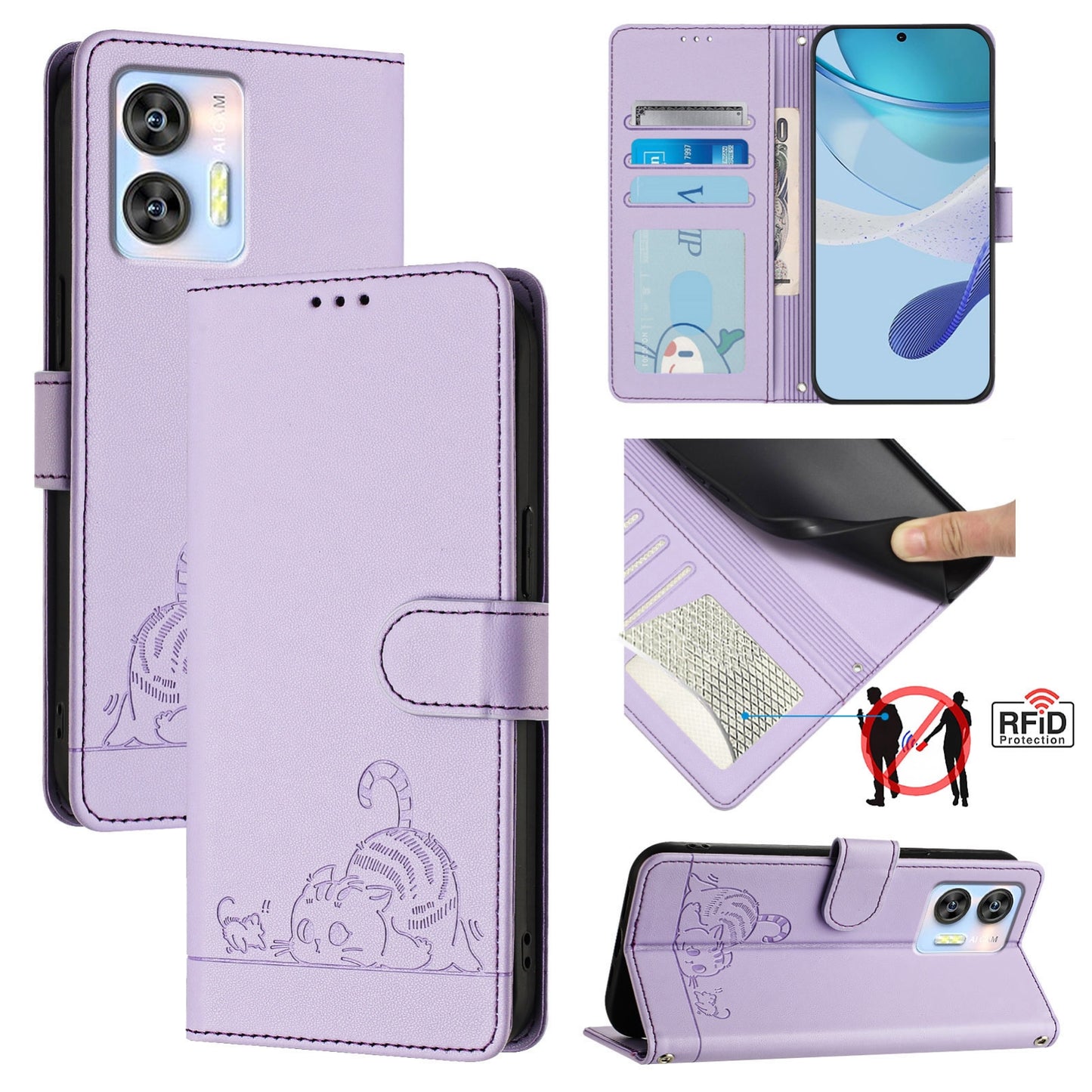 Oukitel C35 Cat and Mouse Embossed PU Leather RFID Case with Wallet Slots, Anti-Fall Protection, Kickstand, and Lanyard-buycases.co.uk