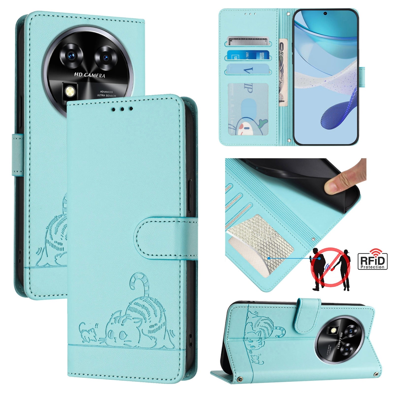Oukitel C37 Cat and Mouse Embossed PU Leather RFID Case with Wallet Slots, Anti-Fall Protection, Kickstand, and Lanyard-buycases.co.uk