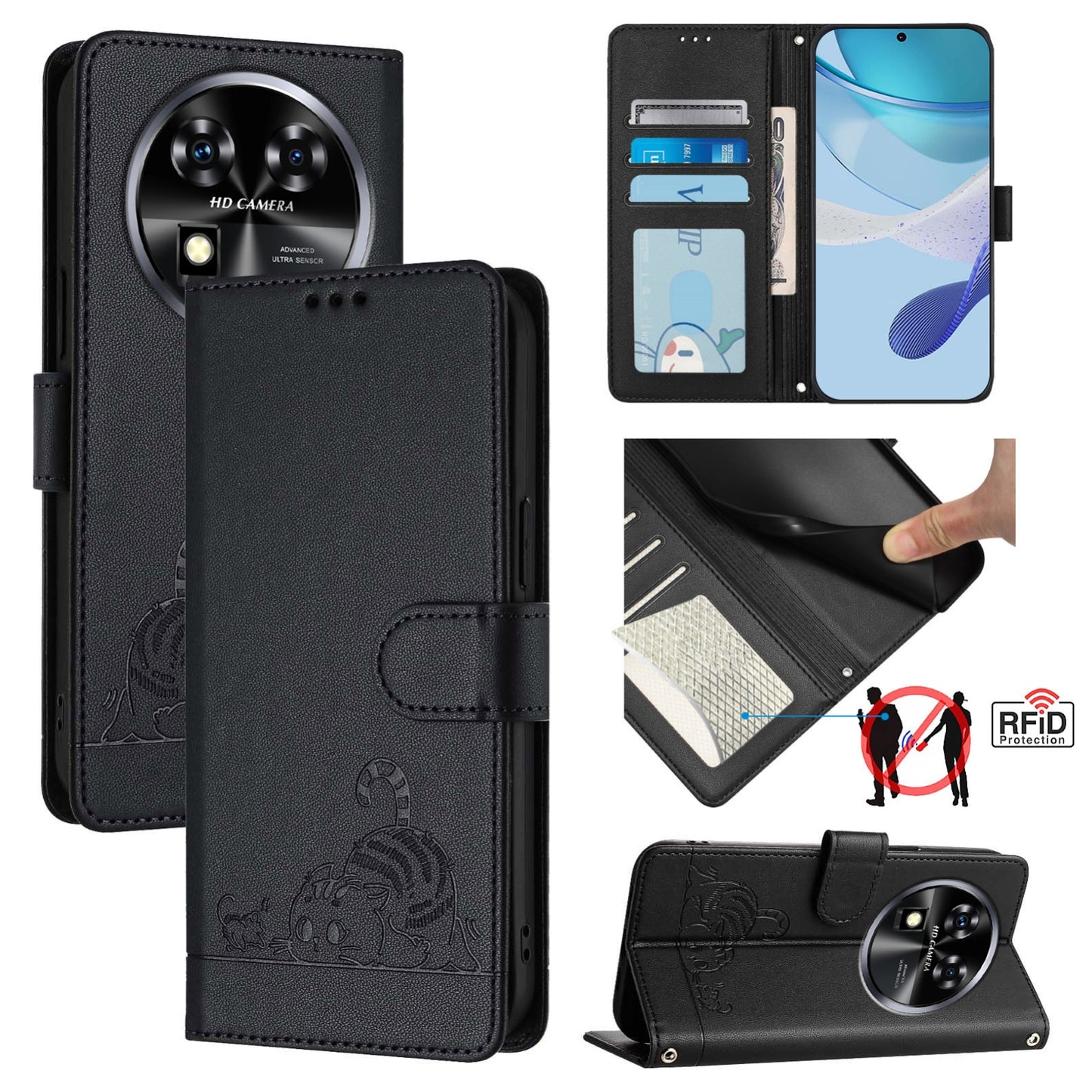 Oukitel C37 Cat and Mouse Embossed PU Leather RFID Case with Wallet Slots, Anti-Fall Protection, Kickstand, and Lanyard-buycases.co.uk