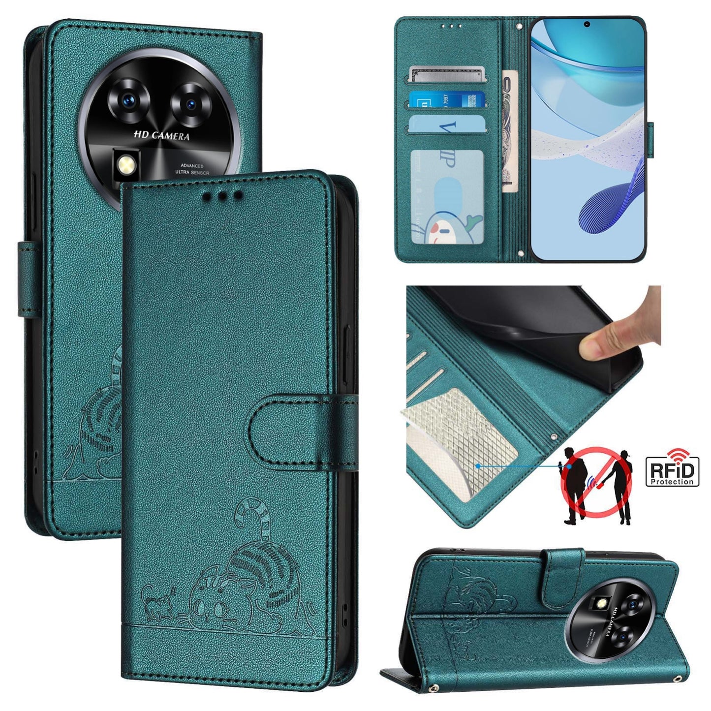 Oukitel C37 Cat and Mouse Embossed PU Leather RFID Case with Wallet Slots, Anti-Fall Protection, Kickstand, and Lanyard-buycases.co.uk