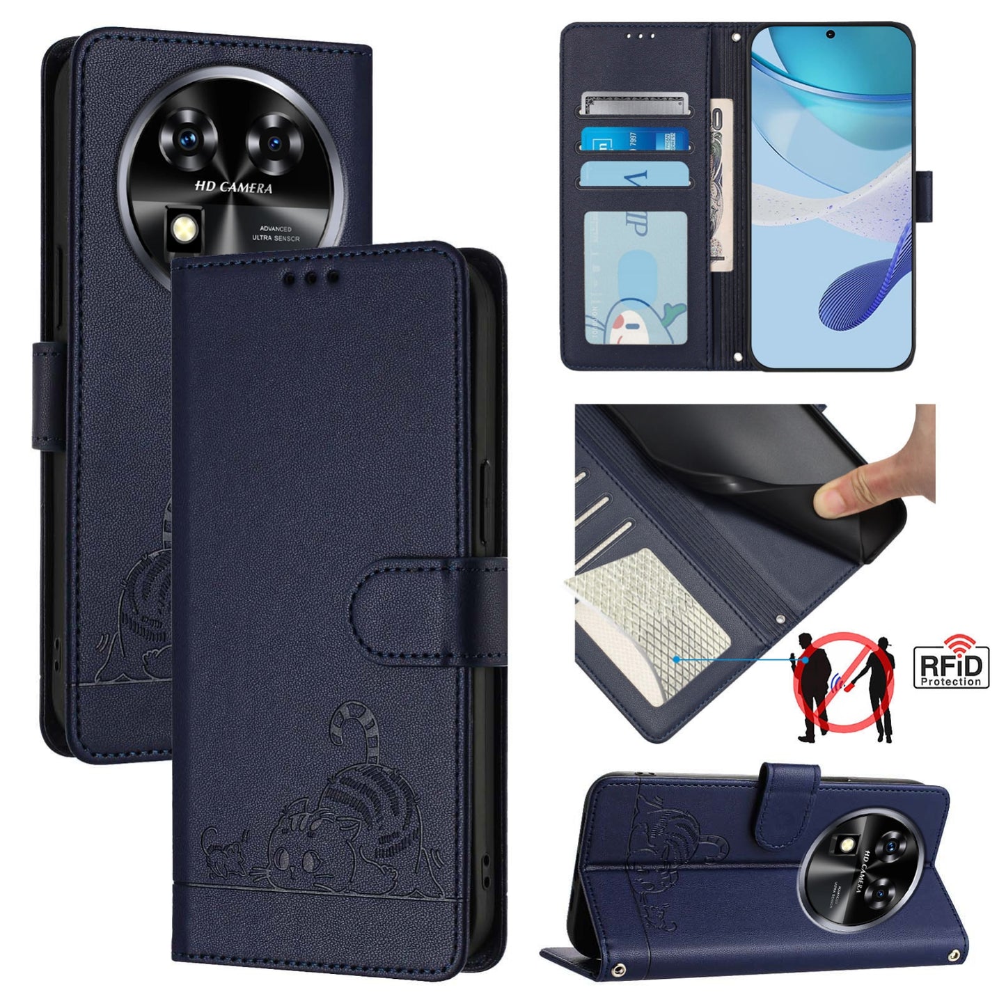 Oukitel C37 Cat and Mouse Embossed PU Leather RFID Case with Wallet Slots, Anti-Fall Protection, Kickstand, and Lanyard-buycases.co.uk