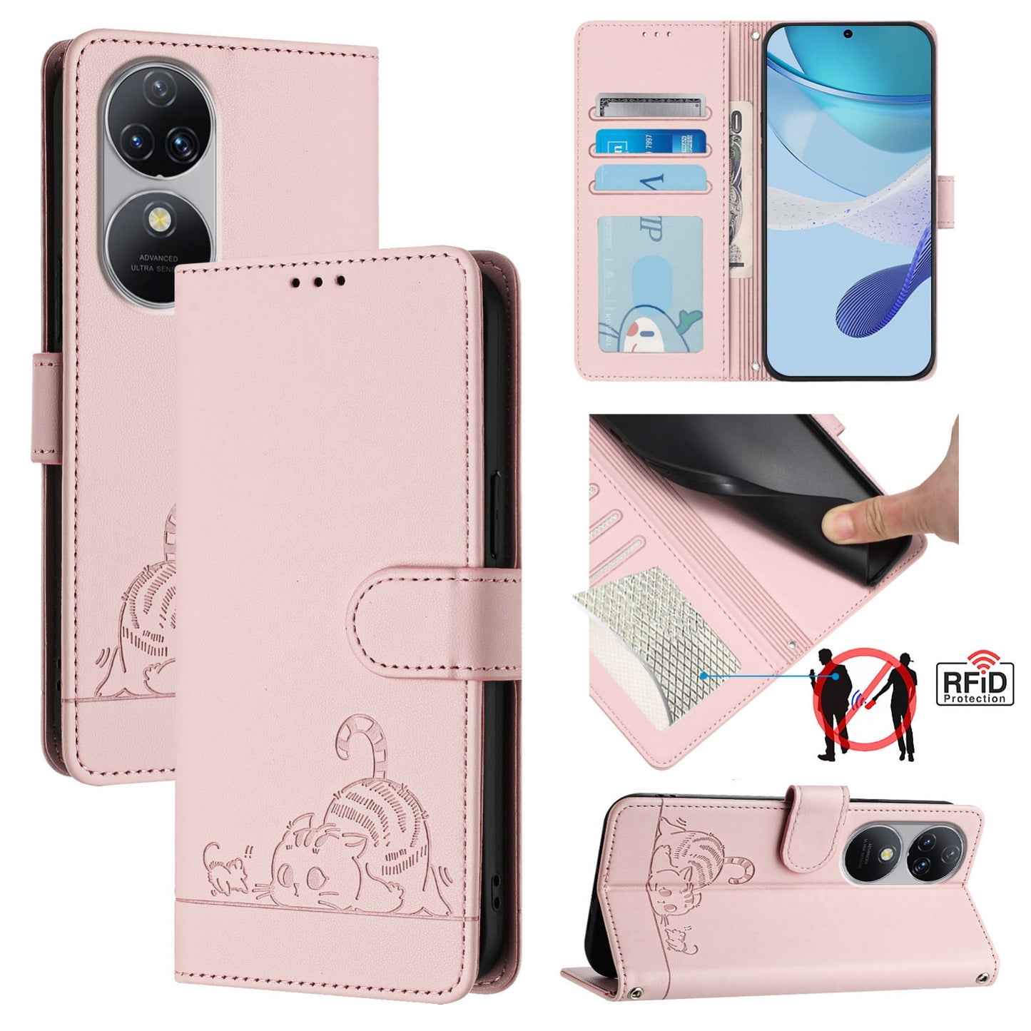 Oukitel C38 Cat and Mouse Embossed PU Leather RFID Case with Wallet Slots, Anti-Fall Protection, Kickstand, and Lanyard-buycases.co.uk