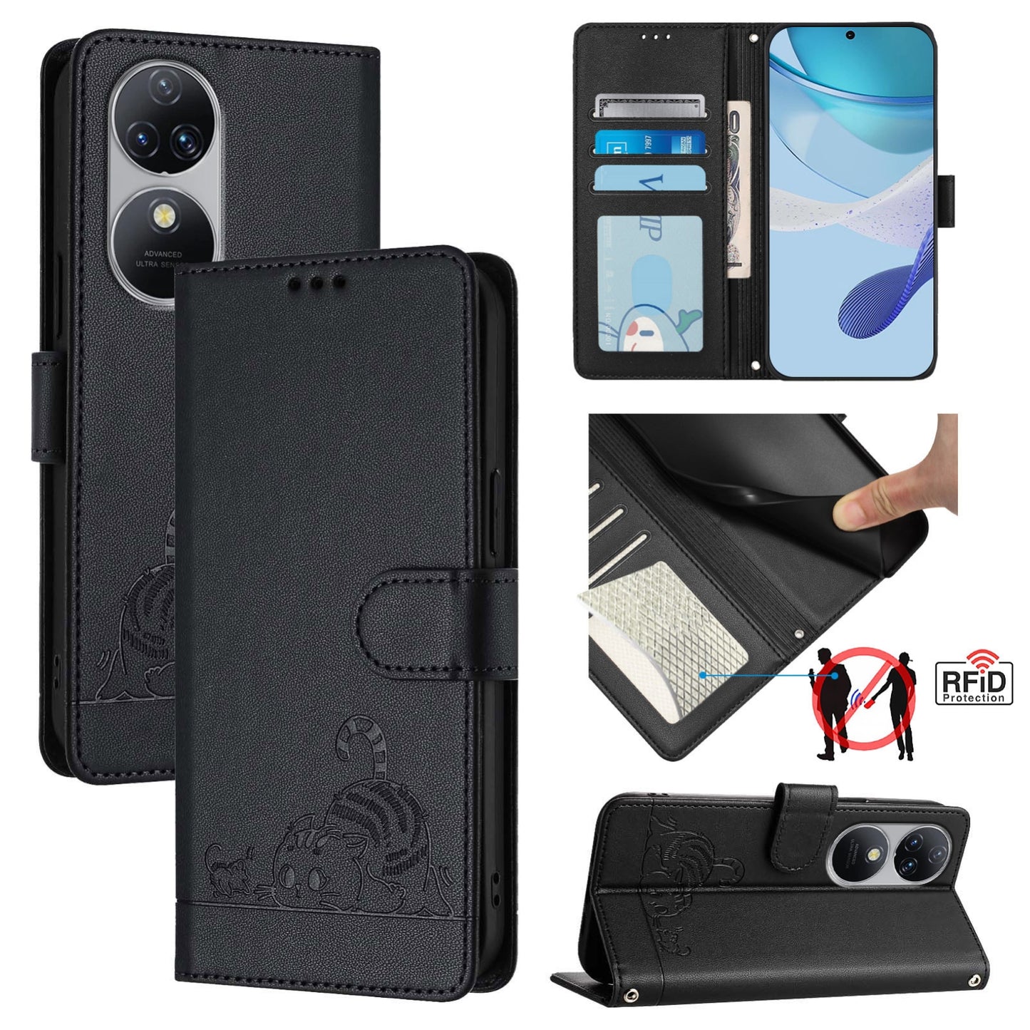 Oukitel C38 Cat and Mouse Embossed PU Leather RFID Case with Wallet Slots, Anti-Fall Protection, Kickstand, and Lanyard-buycases.co.uk