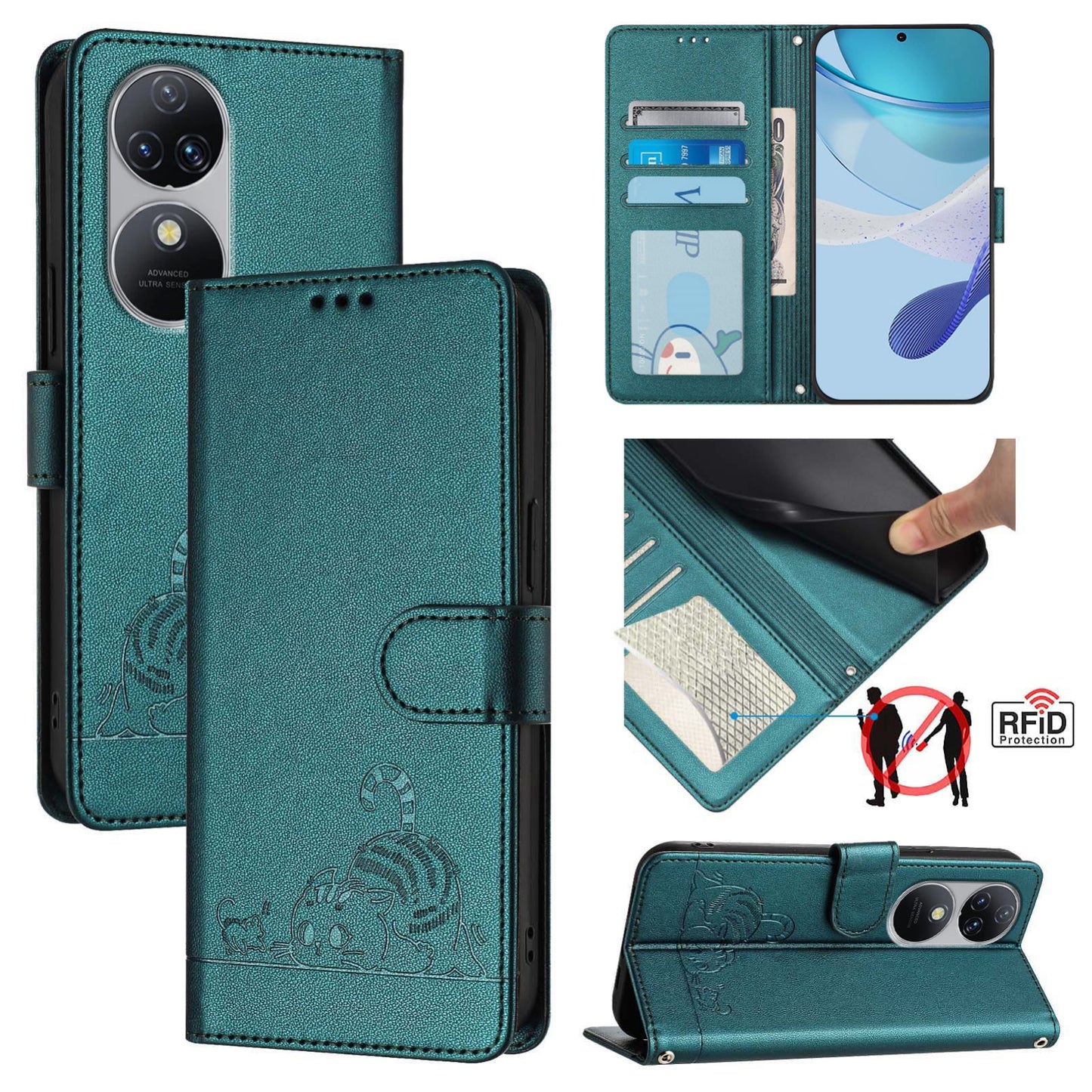 Oukitel C38 Cat and Mouse Embossed PU Leather RFID Case with Wallet Slots, Anti-Fall Protection, Kickstand, and Lanyard-buycases.co.uk