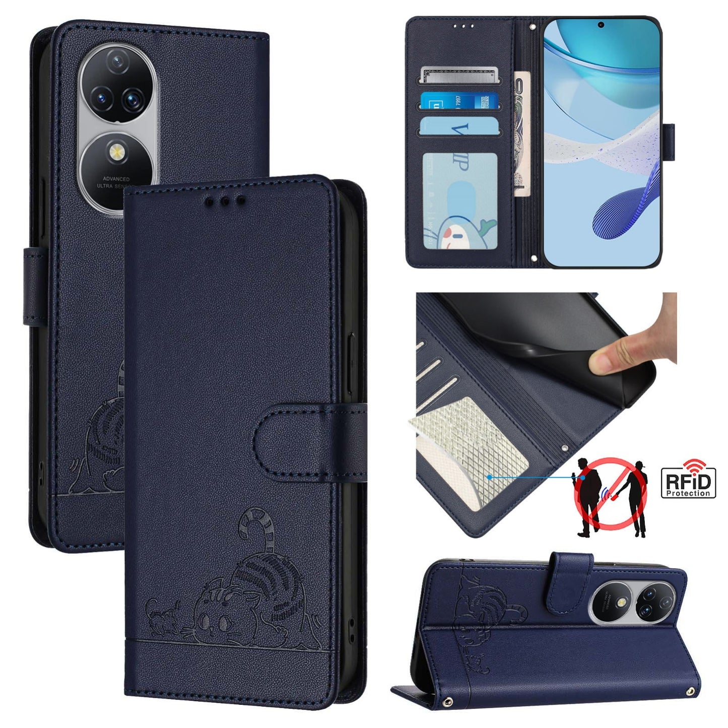 Oukitel C38 Cat and Mouse Embossed PU Leather RFID Case with Wallet Slots, Anti-Fall Protection, Kickstand, and Lanyard-buycases.co.uk