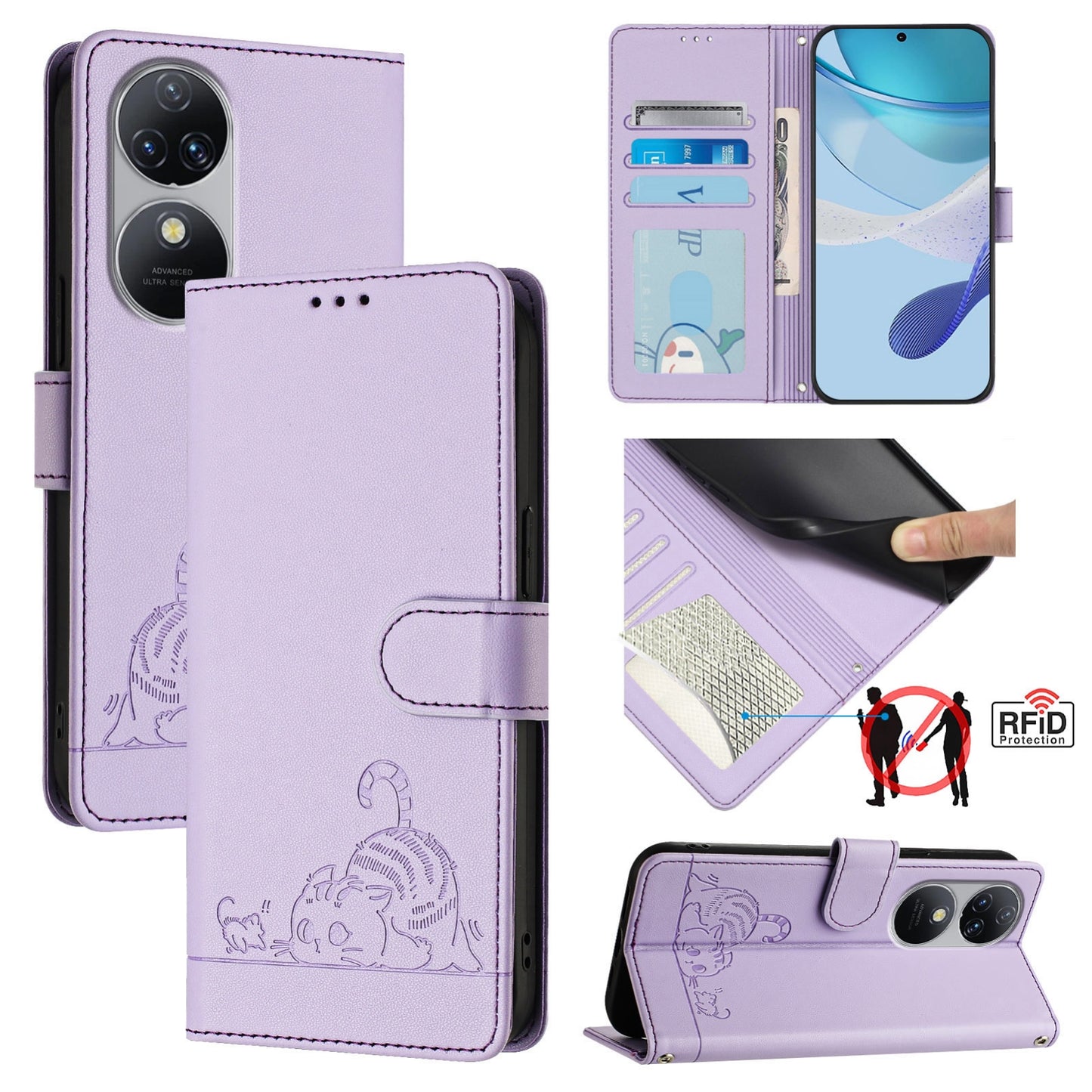 Oukitel C38 Cat and Mouse Embossed PU Leather RFID Case with Wallet Slots, Anti-Fall Protection, Kickstand, and Lanyard-buycases.co.uk