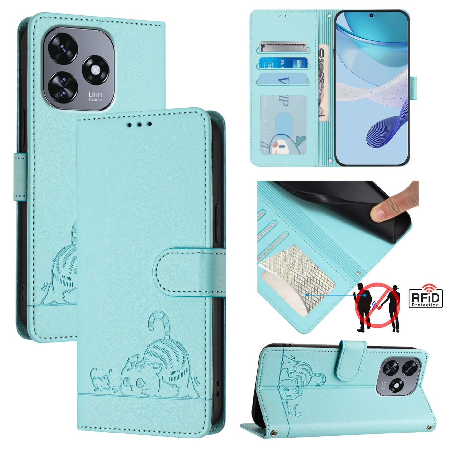 Oukitel C51 Cat and Mouse Embossed PU Leather RFID Case with Wallet Slots, Anti-Fall Protection, Kickstand, and Lanyard-buycases.co.uk