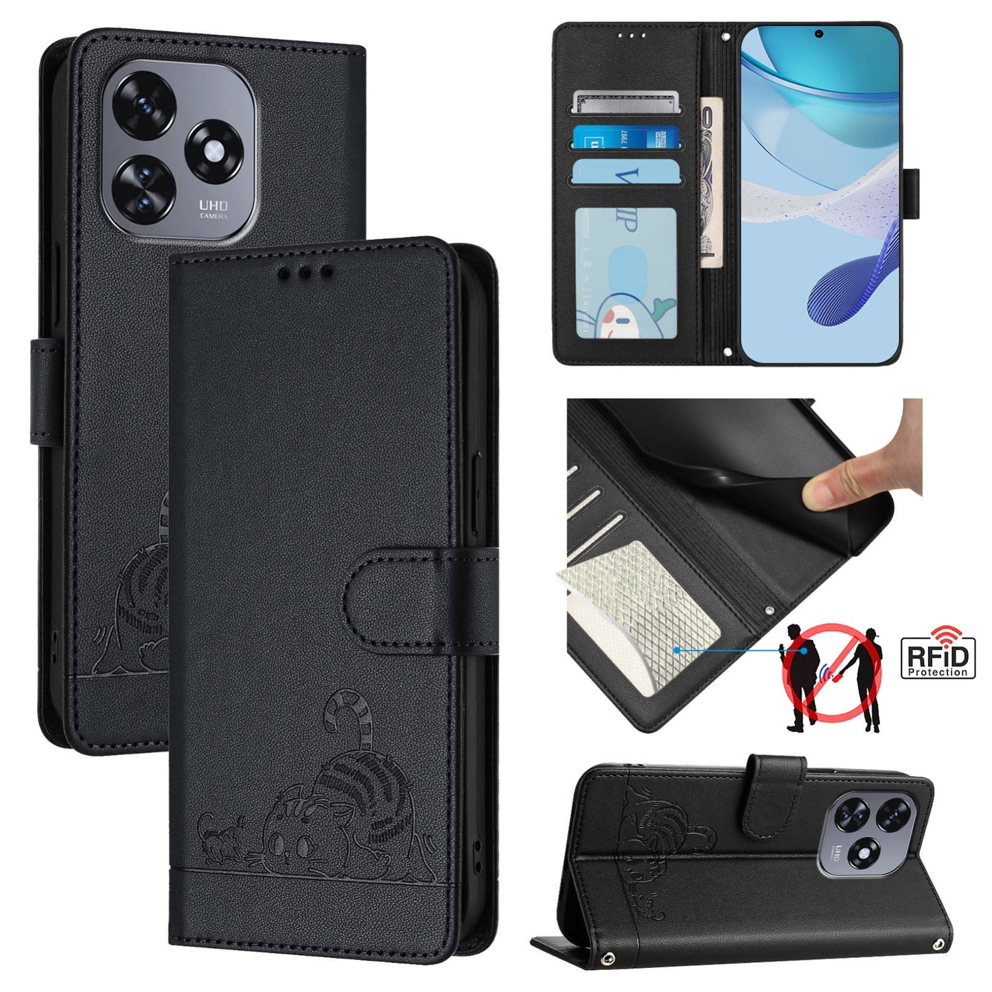 Oukitel C51 Cat and Mouse Embossed PU Leather RFID Case with Wallet Slots, Anti-Fall Protection, Kickstand, and Lanyard-buycases.co.uk