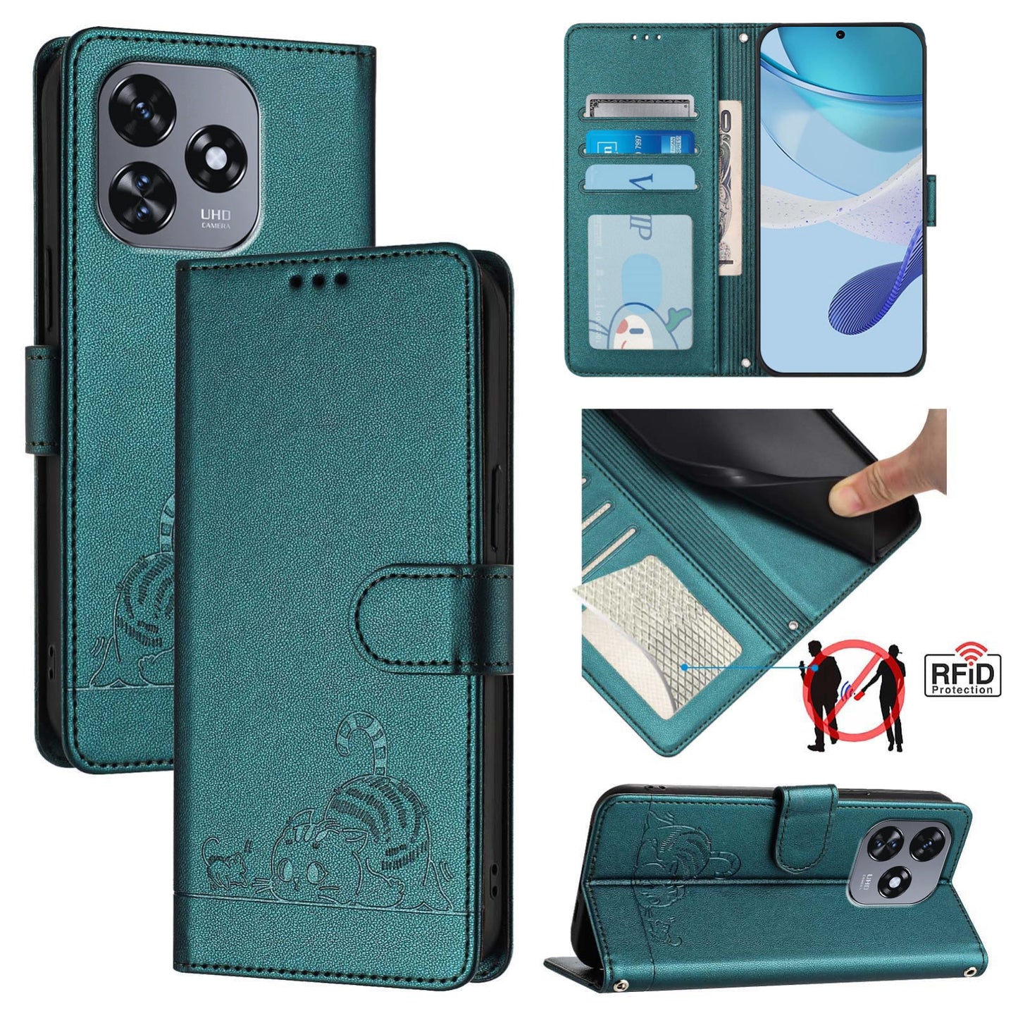 Oukitel C51 Cat and Mouse Embossed PU Leather RFID Case with Wallet Slots, Anti-Fall Protection, Kickstand, and Lanyard-buycases.co.uk
