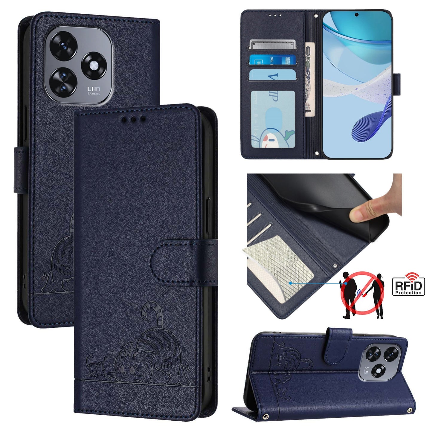 Oukitel C51 Cat and Mouse Embossed PU Leather RFID Case with Wallet Slots, Anti-Fall Protection, Kickstand, and Lanyard-buycases.co.uk