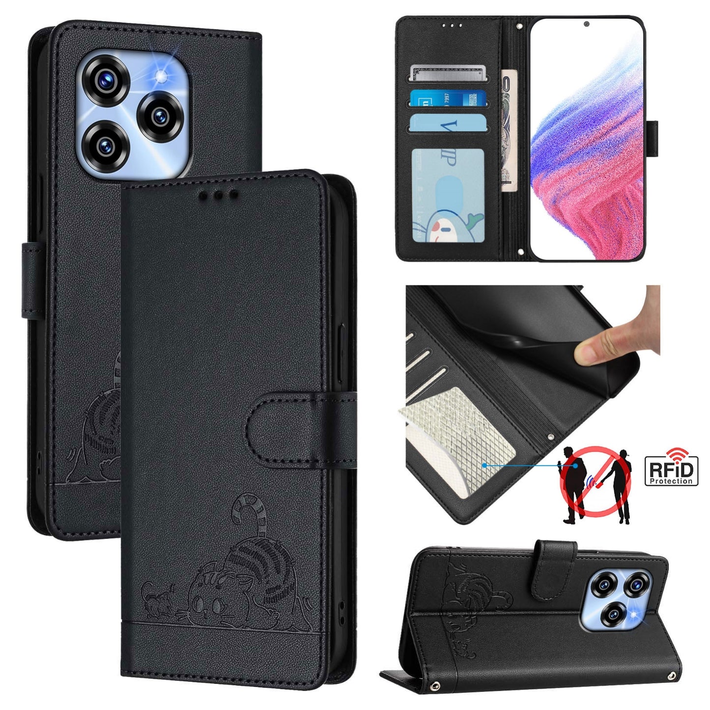 Oukitel C50 Cat and Mouse Embossed PU Leather RFID Case with Wallet Slots, Anti-Fall Protection, Kickstand, and Lanyard-buycases.co.uk