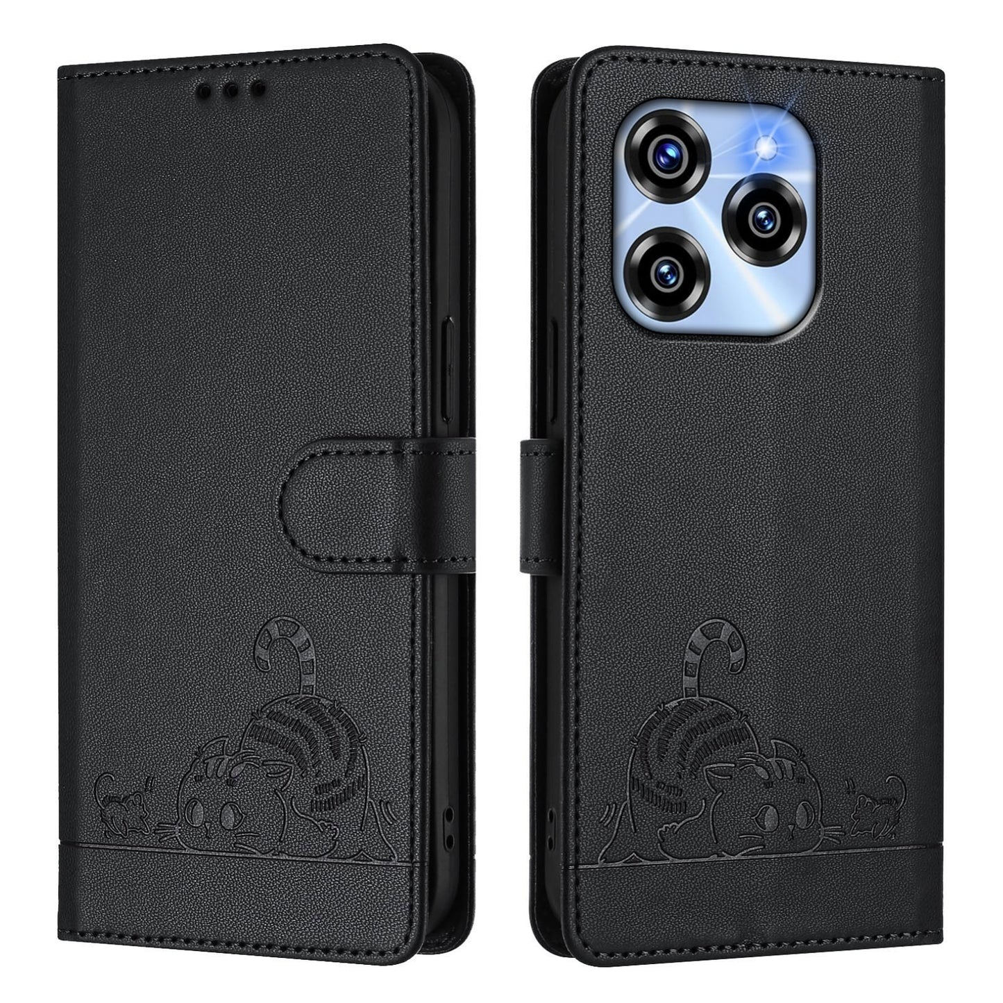 Oukitel C50 Cat and Mouse Embossed PU Leather RFID Case with Wallet Slots, Anti-Fall Protection, Kickstand, and Lanyard-buycases.co.uk