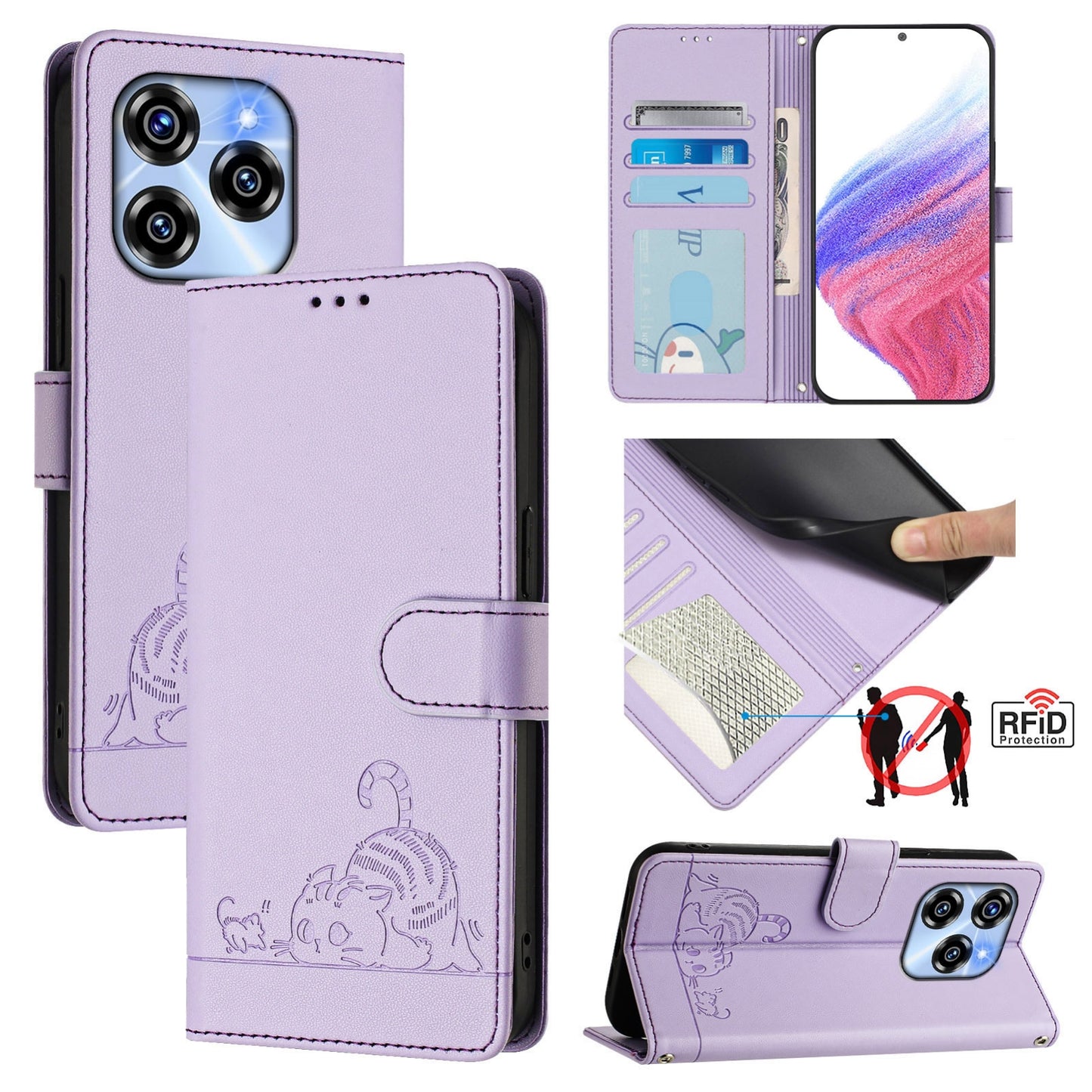 Oukitel C50 Cat and Mouse Embossed PU Leather RFID Case with Wallet Slots, Anti-Fall Protection, Kickstand, and Lanyard-buycases.co.uk