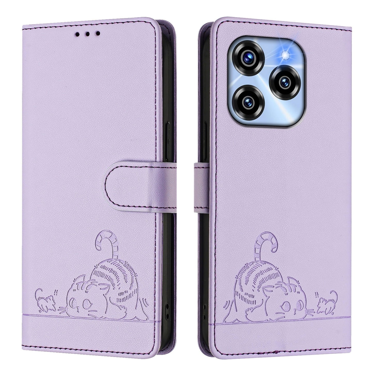 Oukitel C50 Cat and Mouse Embossed PU Leather RFID Case with Wallet Slots, Anti-Fall Protection, Kickstand, and Lanyard-buycases.co.uk
