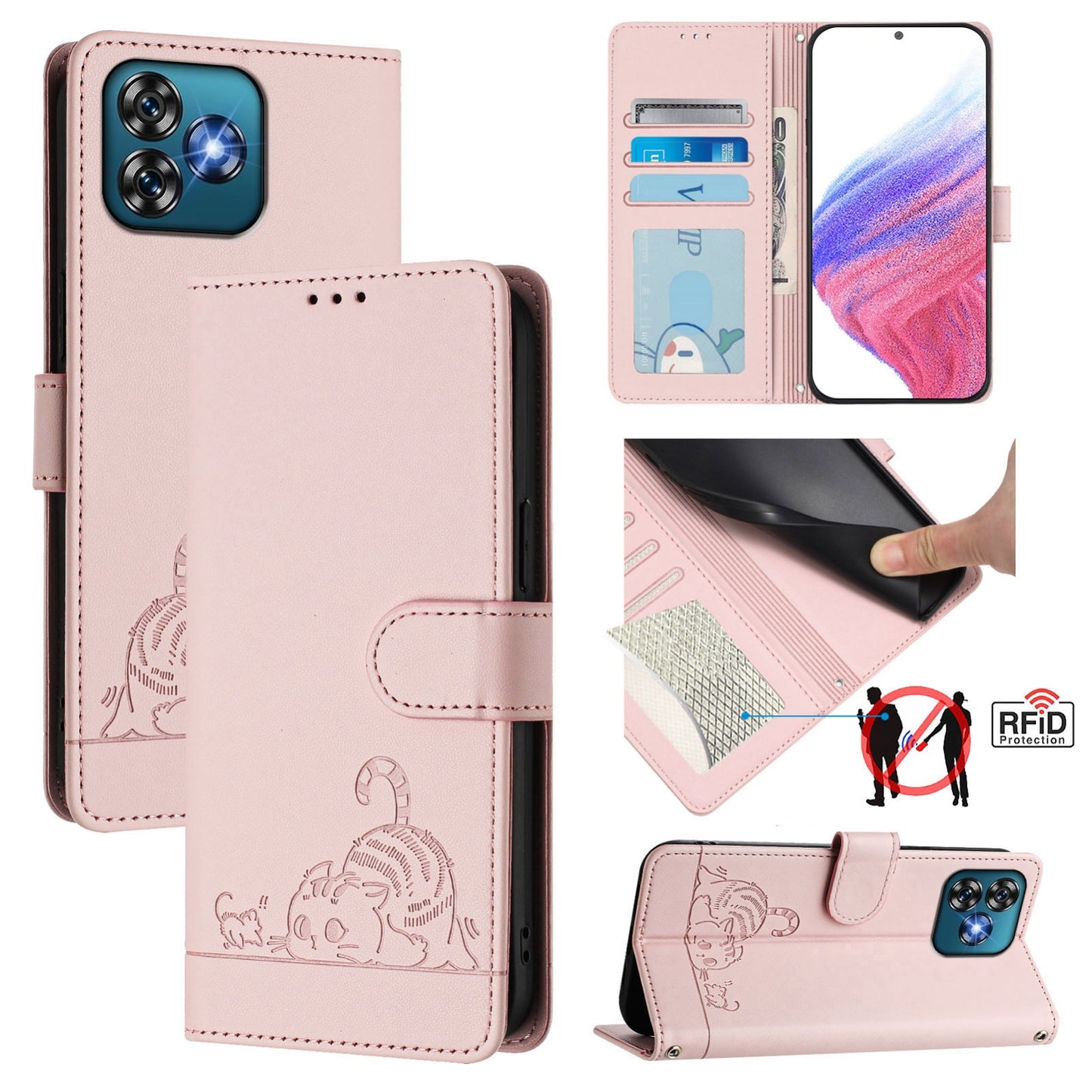 Oukitel C53 Cat and Mouse Embossed PU Leather RFID Case with Wallet Slots, Anti-Fall Protection, Kickstand, and Lanyard-buycases.co.uk