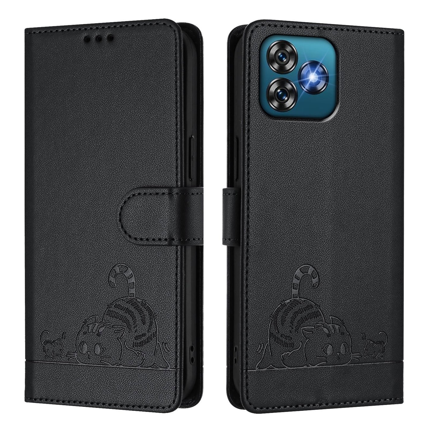 Oukitel C53 Cat and Mouse Embossed PU Leather RFID Case with Wallet Slots, Anti-Fall Protection, Kickstand, and Lanyard-buycases.co.uk