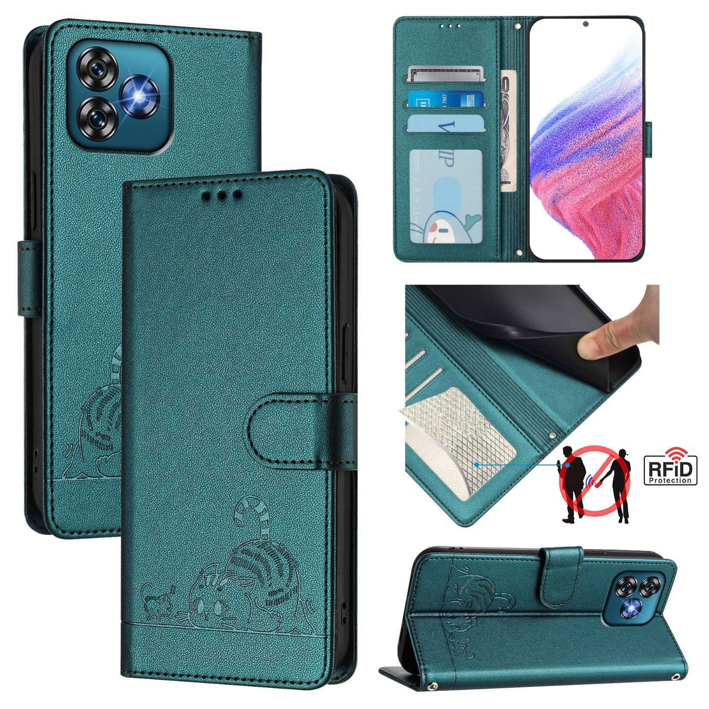 Oukitel C53 Cat and Mouse Embossed PU Leather RFID Case with Wallet Slots, Anti-Fall Protection, Kickstand, and Lanyard-buycases.co.uk