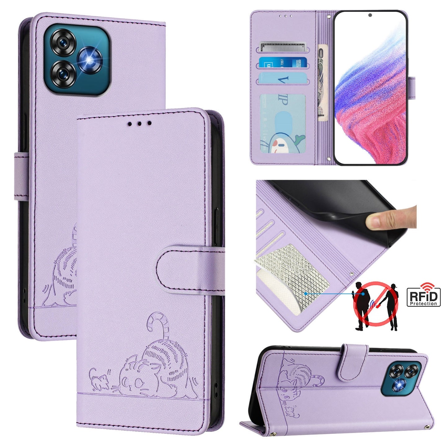 Oukitel C53 Cat and Mouse Embossed PU Leather RFID Case with Wallet Slots, Anti-Fall Protection, Kickstand, and Lanyard-buycases.co.uk