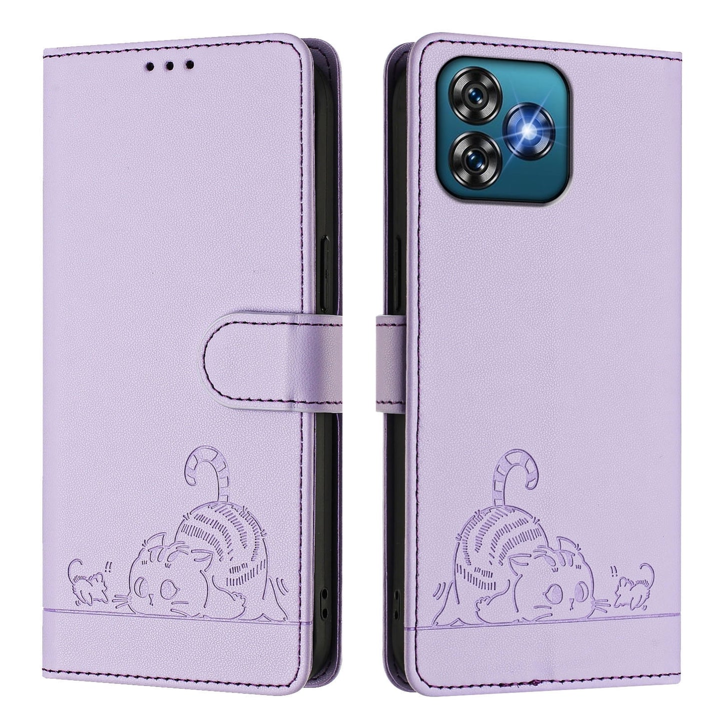 Oukitel C53 Cat and Mouse Embossed PU Leather RFID Case with Wallet Slots, Anti-Fall Protection, Kickstand, and Lanyard-buycases.co.uk