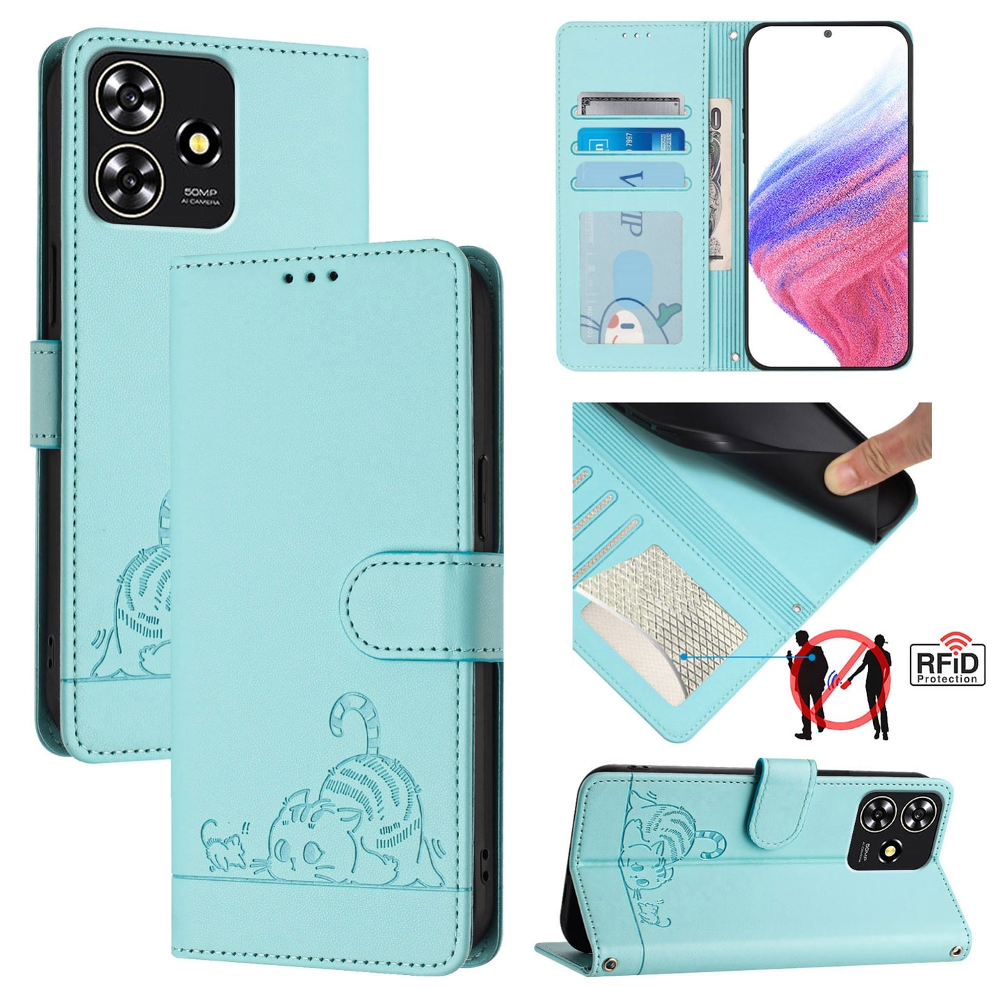 ZTE Blade A73 4G Cat and Mouse Embossed PU Leather RFID Case with Wallet Slots, Anti-Fall Protection, Kickstand, and Lanyard-buycases.co.uk