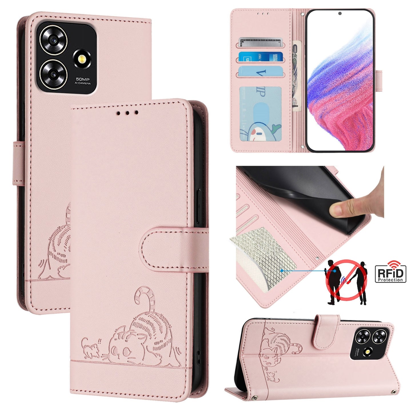 ZTE Blade A73 4G Cat and Mouse Embossed PU Leather RFID Case with Wallet Slots, Anti-Fall Protection, Kickstand, and Lanyard-buycases.co.uk
