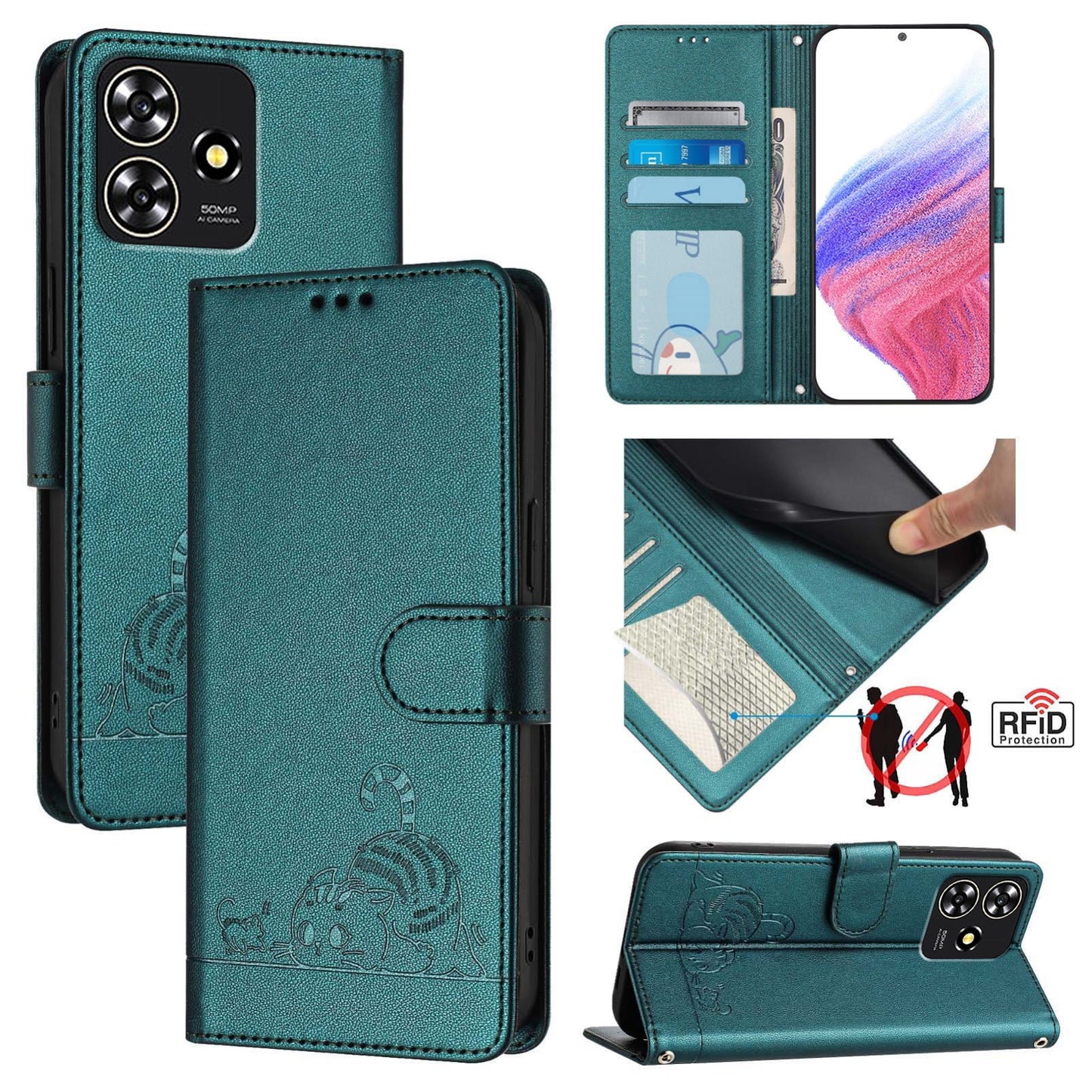 ZTE Blade A73 4G Cat and Mouse Embossed PU Leather RFID Case with Wallet Slots, Anti-Fall Protection, Kickstand, and Lanyard-buycases.co.uk