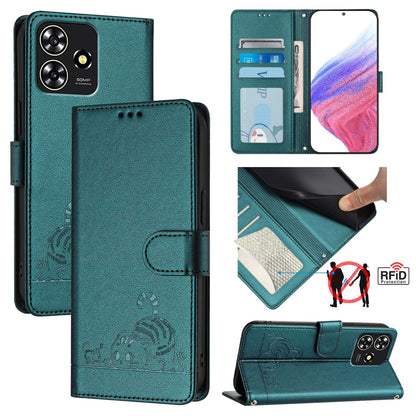ZTE Blade A73 4G Cat and Mouse Embossed PU Leather RFID Case with Wallet Slots, Anti-Fall Protection, Kickstand, and Lanyard-buycases.co.uk