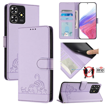 ZTE Blade A73 4G Cat and Mouse Embossed PU Leather RFID Case with Wallet Slots, Anti-Fall Protection, Kickstand, and Lanyard-buycases.co.uk