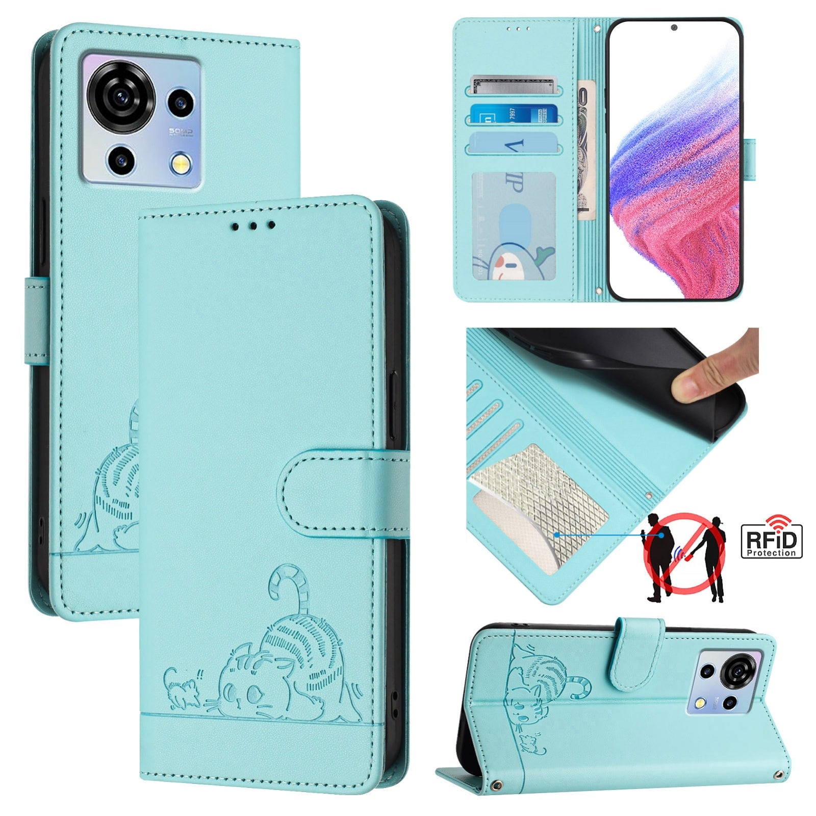 ZTE Blade V50 Vita Cat and Mouse Embossed PU Leather RFID Case with Wallet Slots, Anti-Fall Protection, Kickstand, and Lanyard-buycases.co.uk