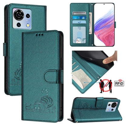 ZTE Blade V50 Vita Cat and Mouse Embossed PU Leather RFID Case with Wallet Slots, Anti-Fall Protection, Kickstand, and Lanyard-buycases.co.uk