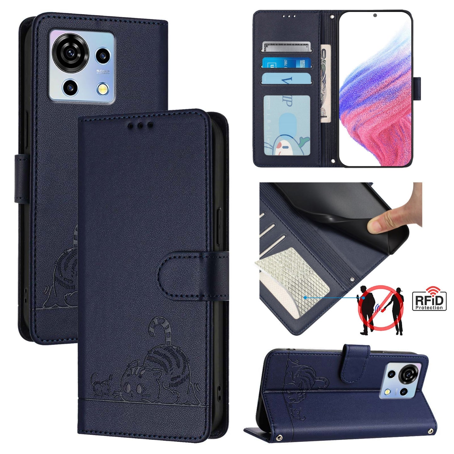 ZTE Blade V50 Vita Cat and Mouse Embossed PU Leather RFID Case with Wallet Slots, Anti-Fall Protection, Kickstand, and Lanyard-buycases.co.uk