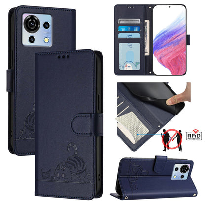 ZTE Blade V50 Vita Cat and Mouse Embossed PU Leather RFID Case with Wallet Slots, Anti-Fall Protection, Kickstand, and Lanyard-buycases.co.uk