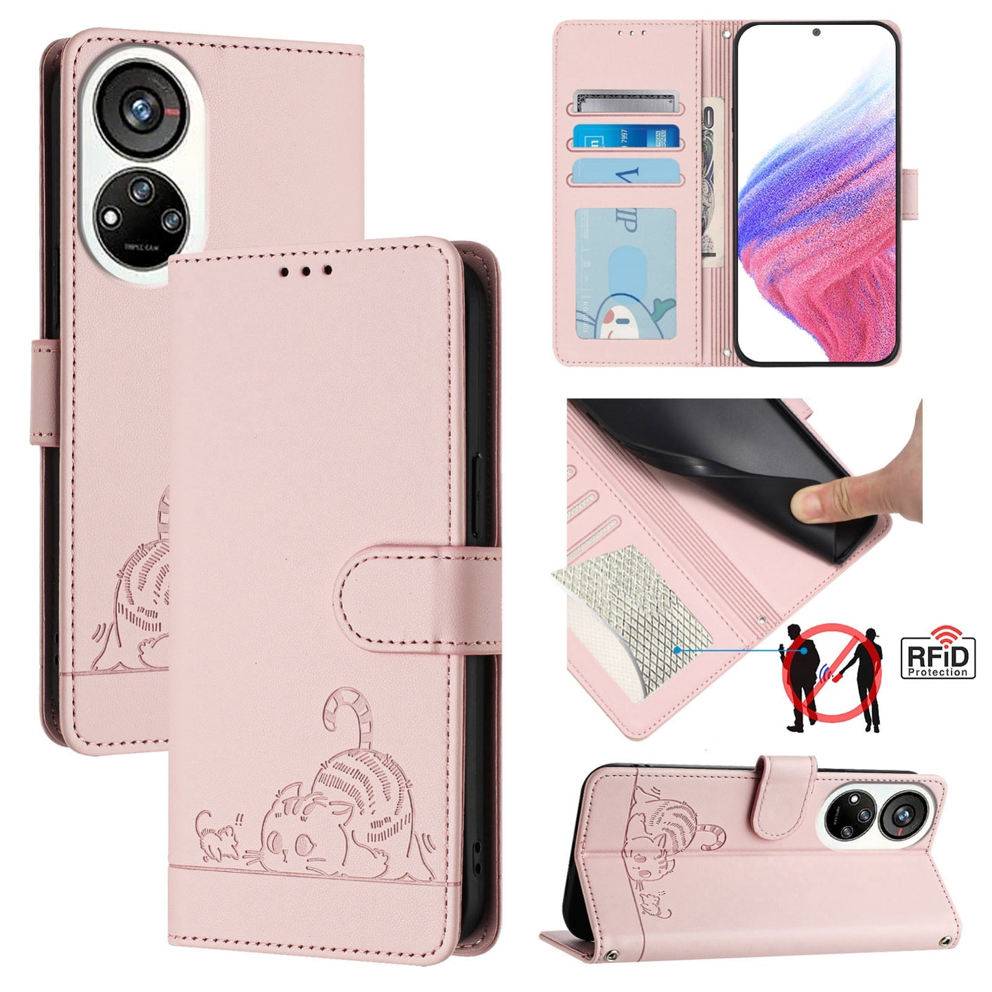 ZTE Blade V40s Cat and Mouse Embossed PU Leather RFID Case with Wallet Slots, Anti-Fall Protection, Kickstand, and Lanyard-buycases.co.uk