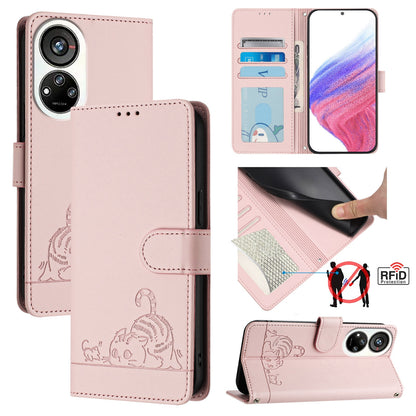 ZTE Blade V40s Cat and Mouse Embossed PU Leather RFID Case with Wallet Slots, Anti-Fall Protection, Kickstand, and Lanyard-buycases.co.uk