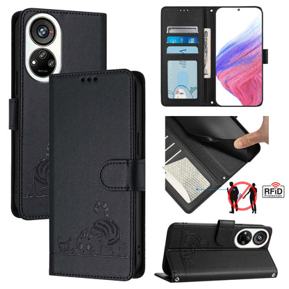 ZTE Blade V40s Cat and Mouse Embossed PU Leather RFID Case with Wallet Slots, Anti-Fall Protection, Kickstand, and Lanyard-buycases.co.uk