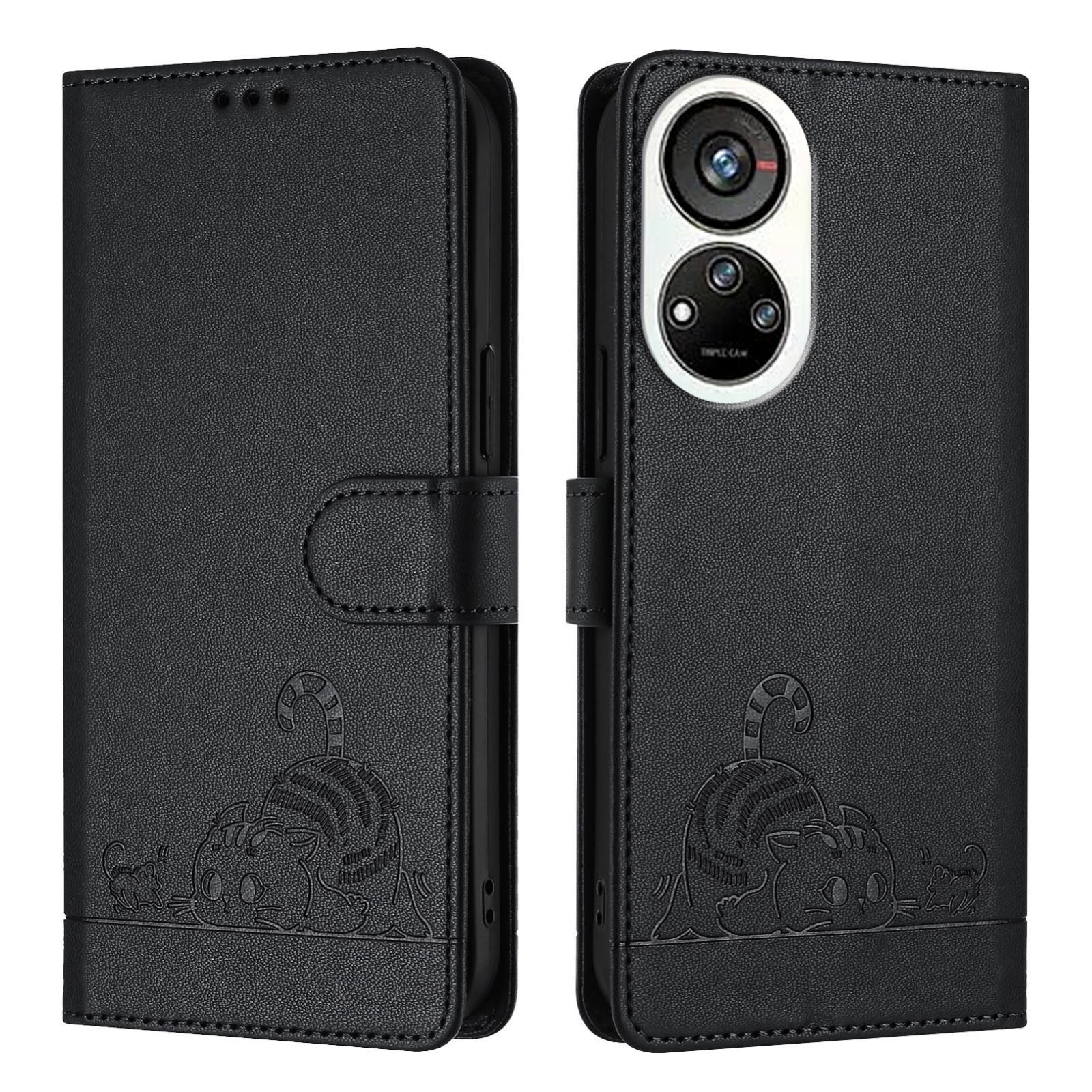 ZTE Blade V40s Cat and Mouse Embossed PU Leather RFID Case with Wallet Slots, Anti-Fall Protection, Kickstand, and Lanyard-buycases.co.uk